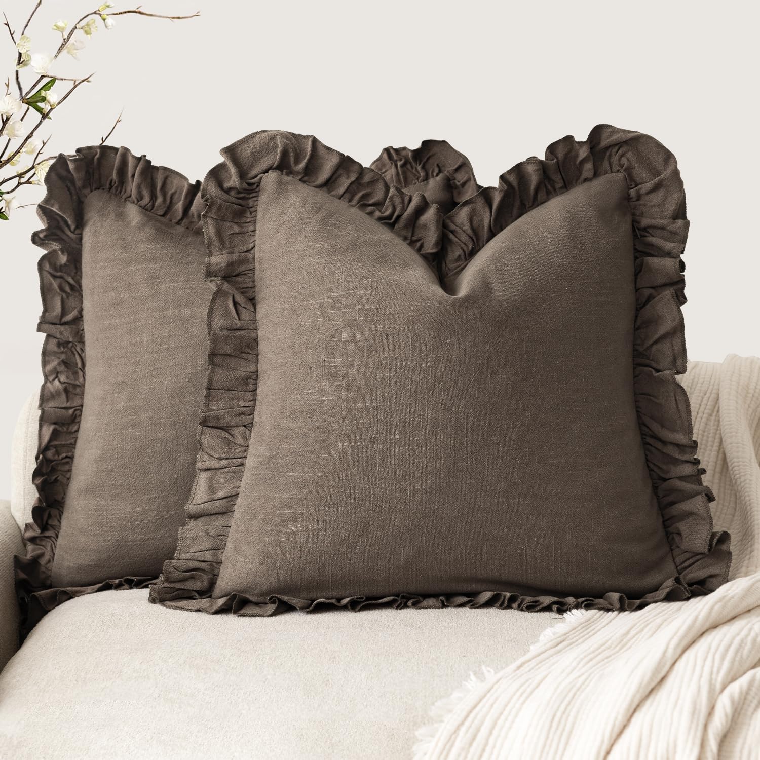 Foindtower Set of 2 Decorative Linen Fringe Ruffle Throw Pillow Covers Soft Boho Farmhouse Cushion Cover Cozy Accent Retro Pillowcase for Couch Sofa Bed Living Room Home Decor,24×24 Inch,Natural Beige