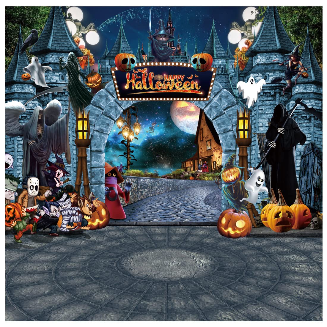DHXXSC 10X10FT Halloween Backdrops Terror Magic Castle Backdrop Photography Night Death Devil Fabric Backdrop Halloween Happy Party Banner Children Halloween Photo Background DH-702