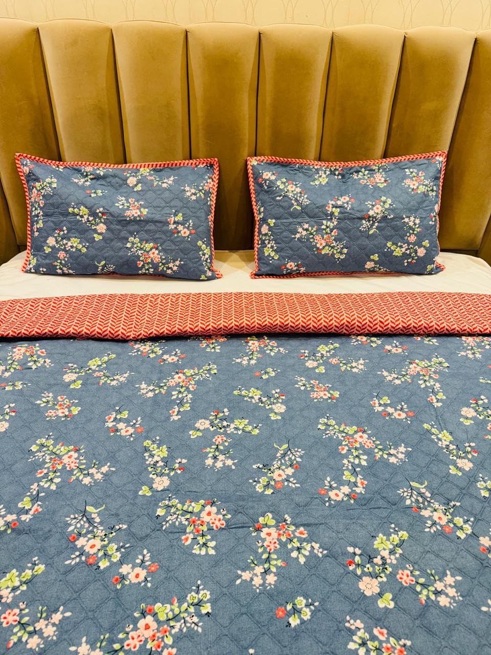 Subtlespreads Premium Cotton Feel Bedcover for Double Bed King Size with 2 Quilted Pillow Covers - Decorative Bed Cover/Quilted Bedspread Bedsheet, Denim Blue Floral-image-10