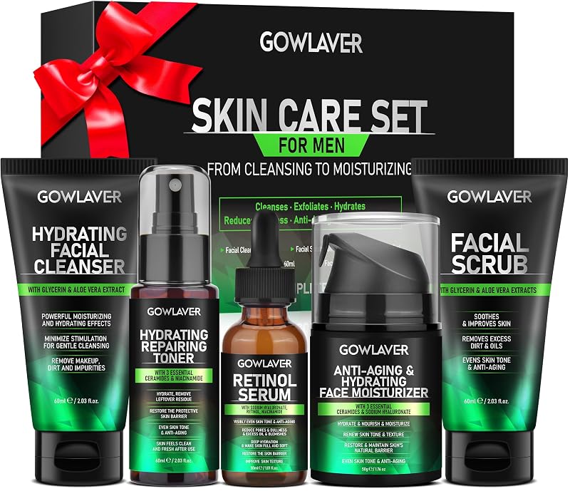 Kit de cuidados faciais masculinos GOWLAVER com limpador, tônico, esfoliante, sérum com retinol e hidratante