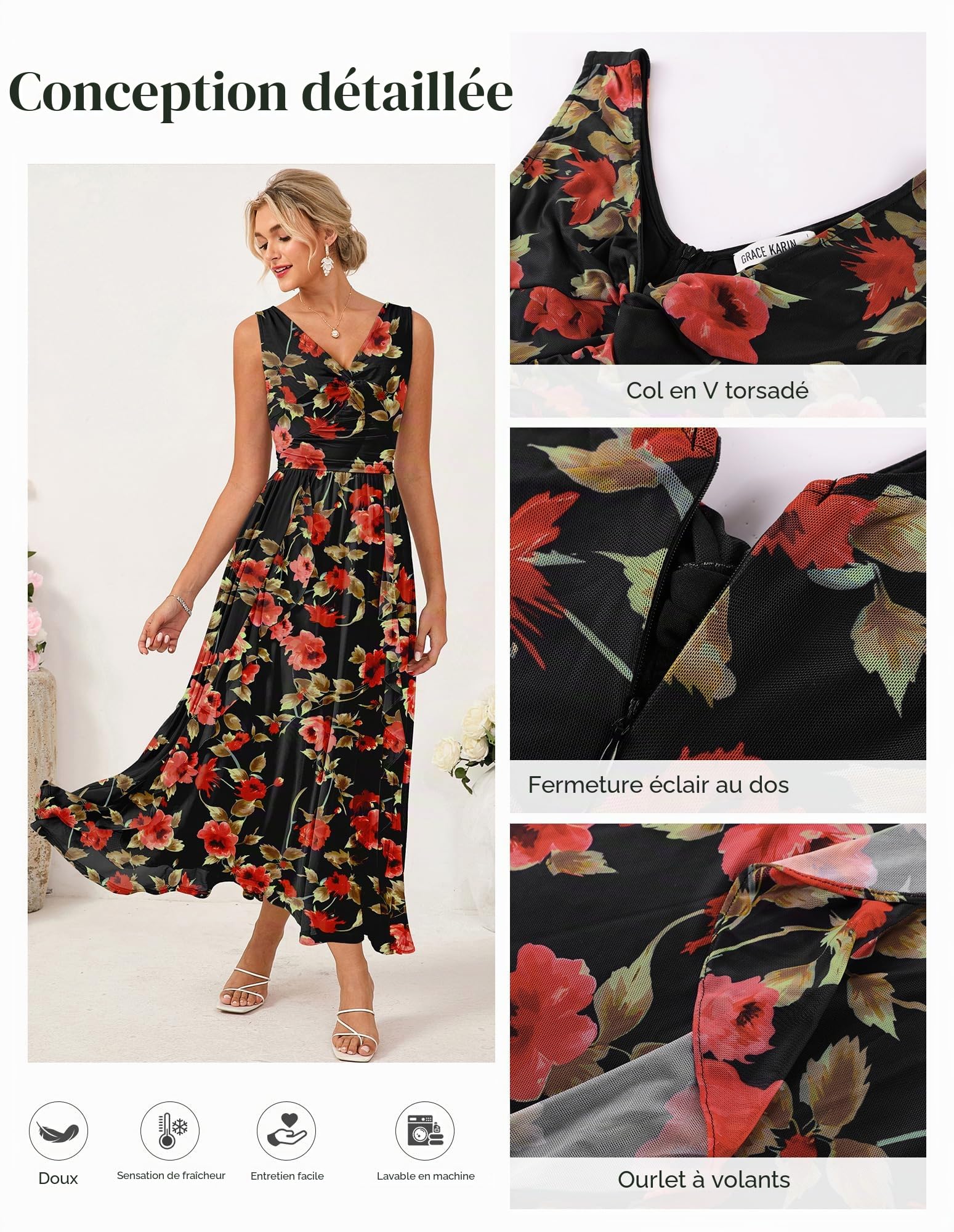 GRACE KARIN Robe d'été sans manches à col en V torsadé sur le devant pour femme - Taille smockée et ourlet à volants