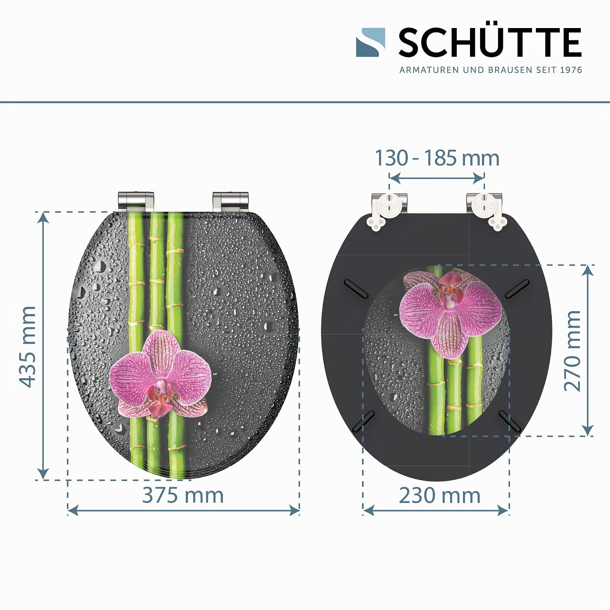 Schütte ASIA 80121, Abattant WC avec noyau en bois (MDF) et système d'abaissement automatique, motif de fleurs imprimé sur 3 faces, compatible avec toutes les cuvettes WC standard
