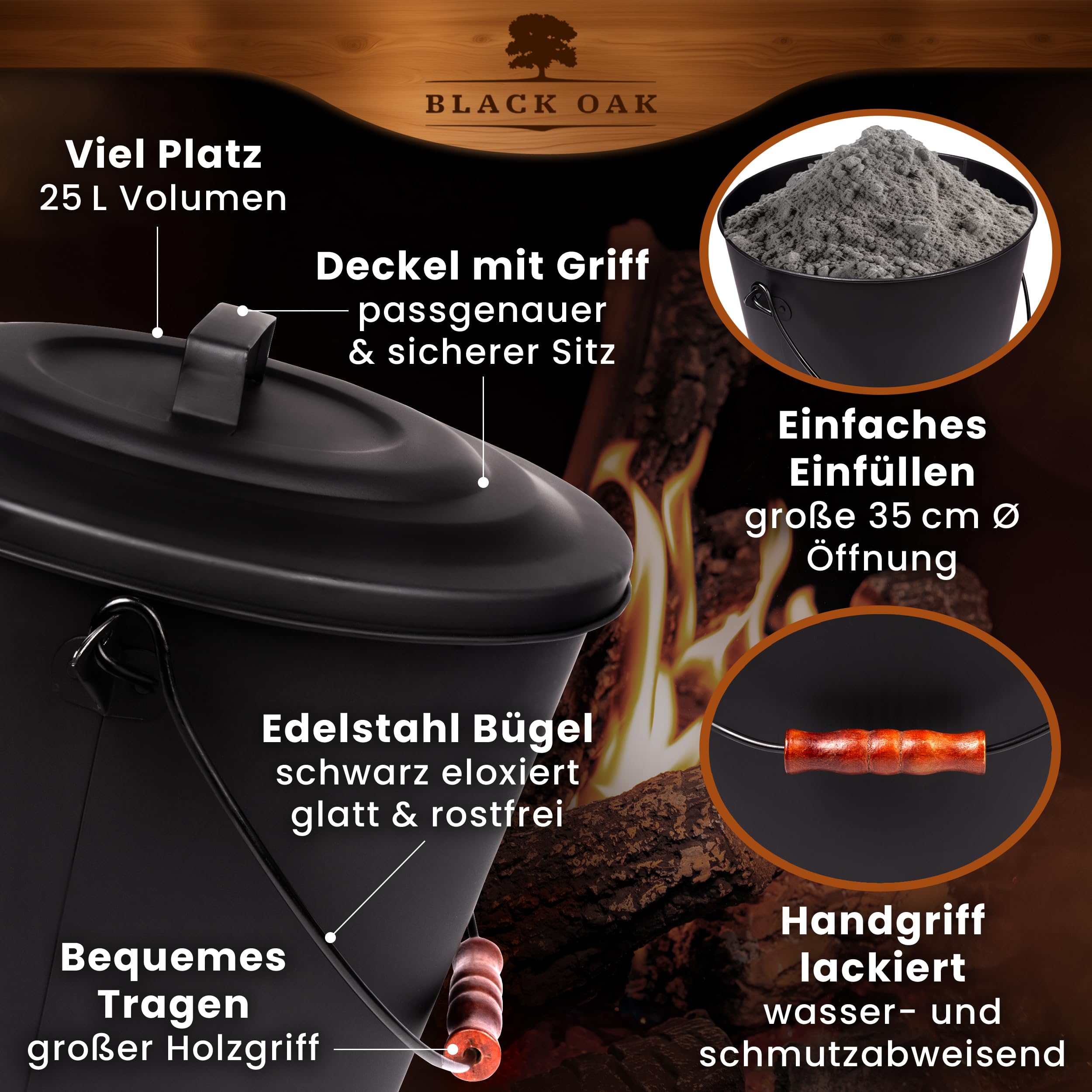 BLACK OAK Cubo de ceniza Santorini de 25 l, juego de pala y escoba grande, 25 litros, negro, redondo, con tapa de acero, resistente al fuego, galvanizado y recubrimiento en polvo, para cenizas y