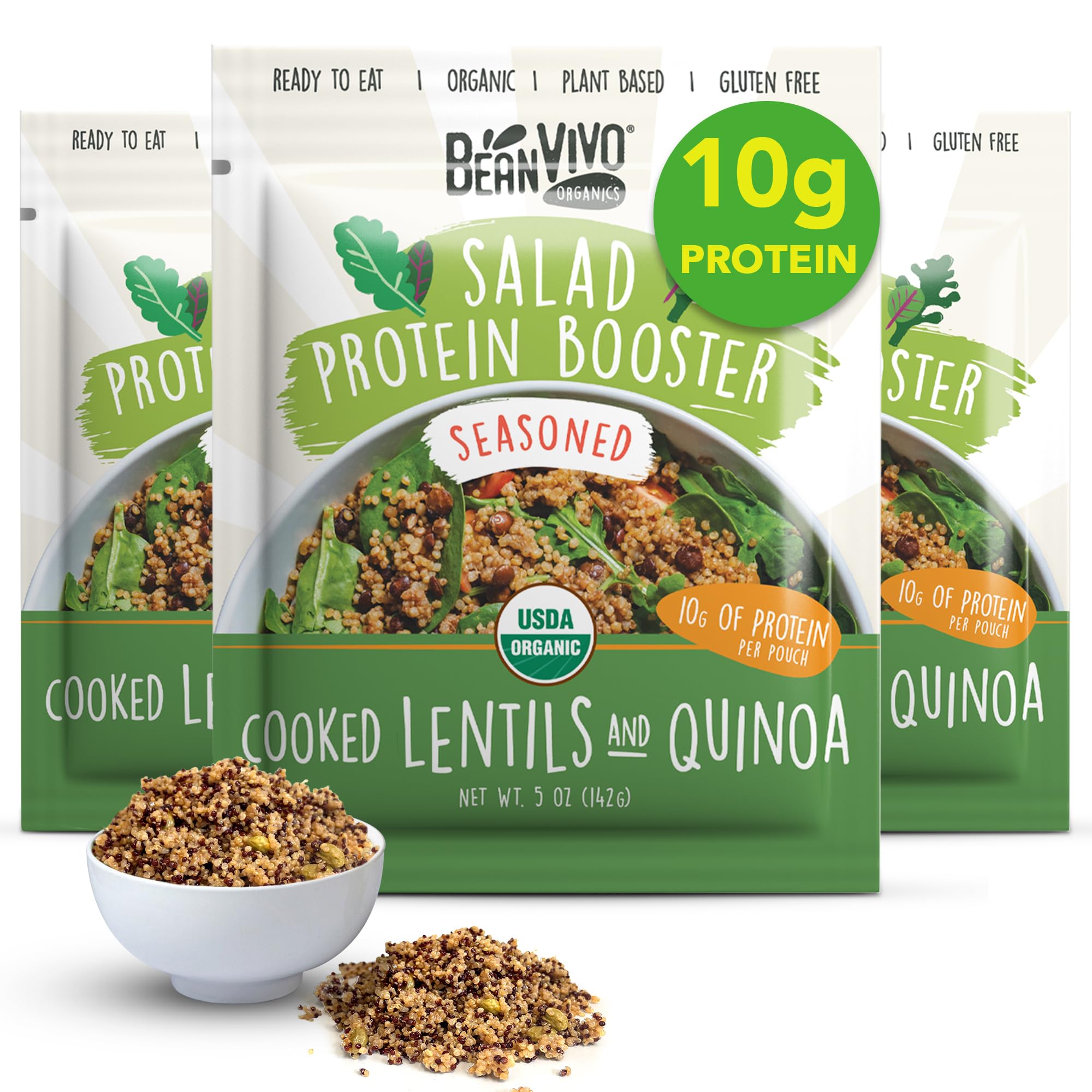 3 pack of protein booster salads: organic lentils and quinoa, fully cooked and seasoned for delicious flavor.