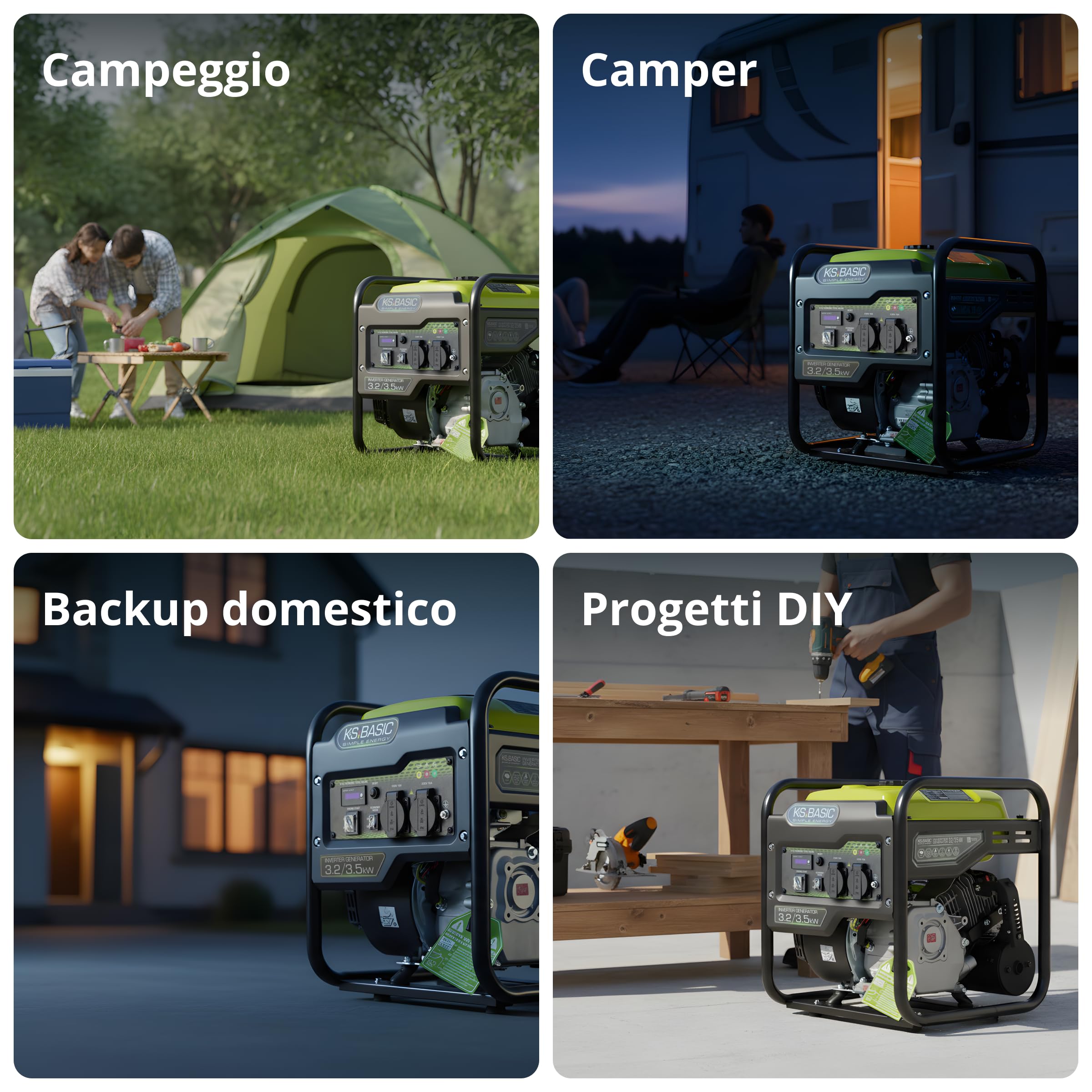 K&S Basic KSB 35i - Generatore di corrente a benzina a 4 tempi, con regolatore di tensione automatico, protezione contro la mancanza di olio, norma EURO V, 3500 W, 2 x 16 A (230 V) per uso domestico