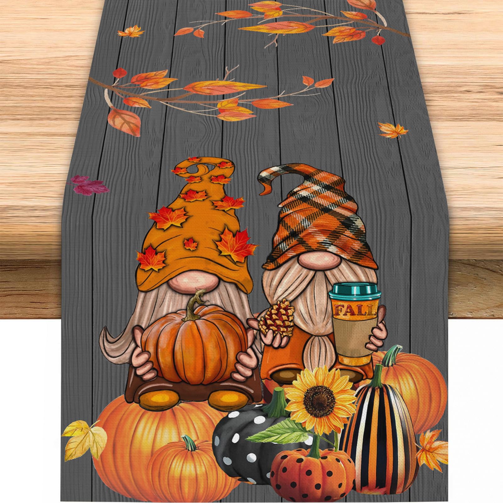 Fall Table Runner for Kitchen, Pumpkins Gnomes Table Runner, Maple Leaves Thanksgiving Table Runner, Kitchen Dining Table Decoration for Home Party Decor 13x72 Inch