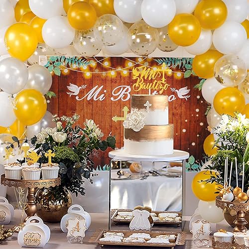 Miniatura 4 de Kit de guirnalda de globos de bautizo dorado y blanco para decoración de bautizo y telón de fondo para fiesta de baby shower, primera comunión y