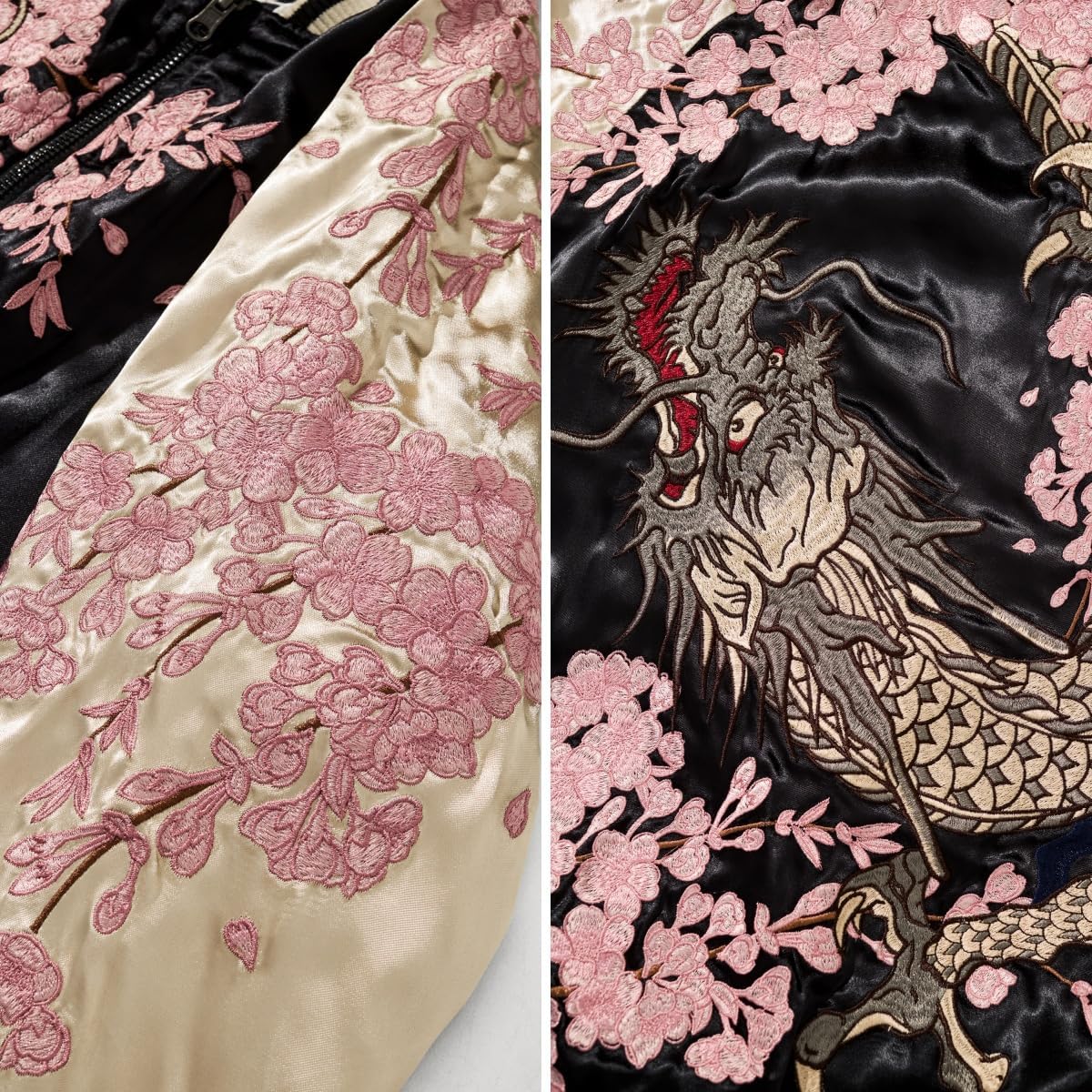 Sakura Dragon Embroidered Bomber Jacket Reversible Satin Streetwear Vintage Zip Up Windbreaker for Spring Fall