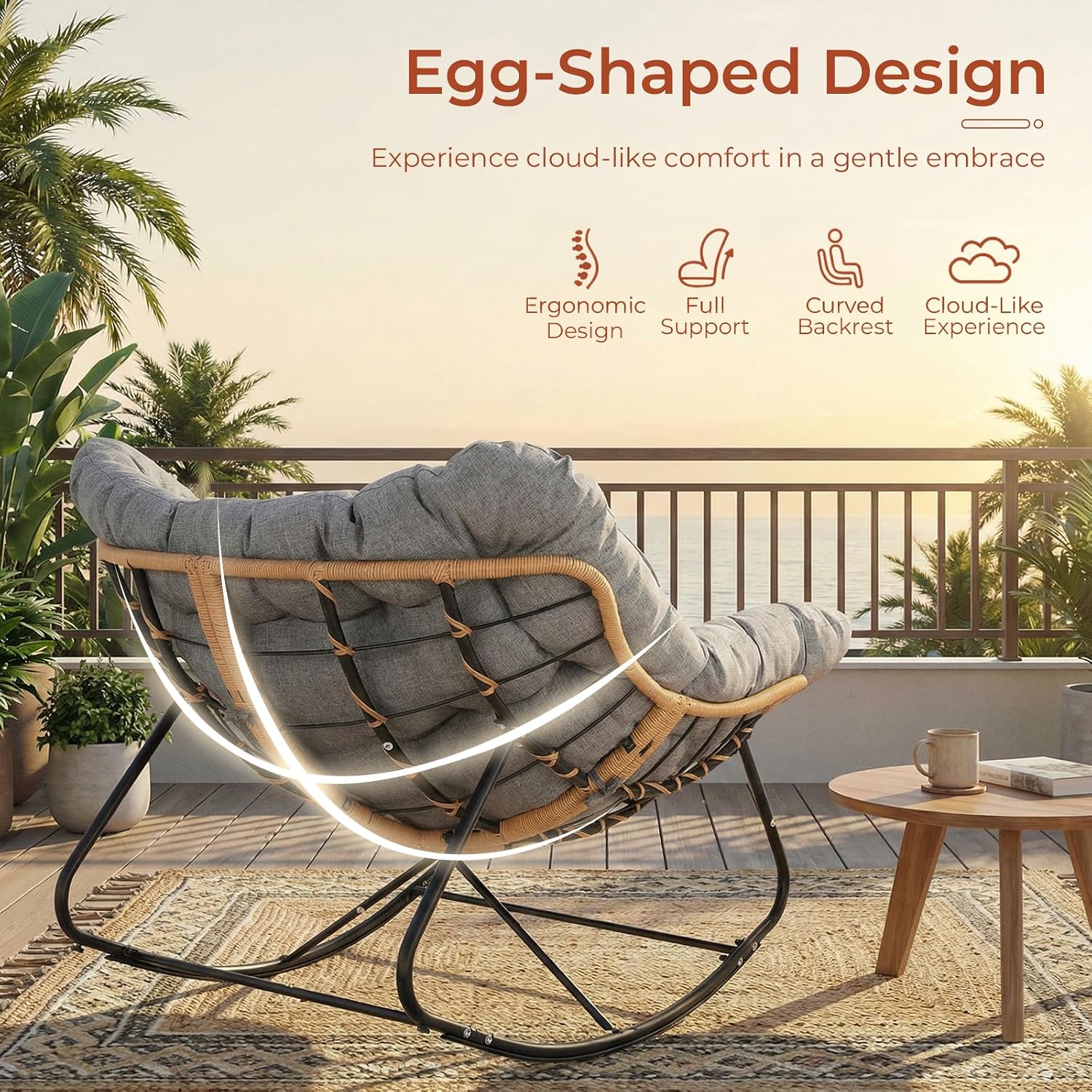 TLSUNNY Outdoor Papasan Rocking Chair, Oversized Padded Lounge Rocker with Cushion, Comfy Wicker Egg Lounge Chair, Large Indoor Rocking Recliner for Living Room/Porch/Garden (1, Dark Grey)