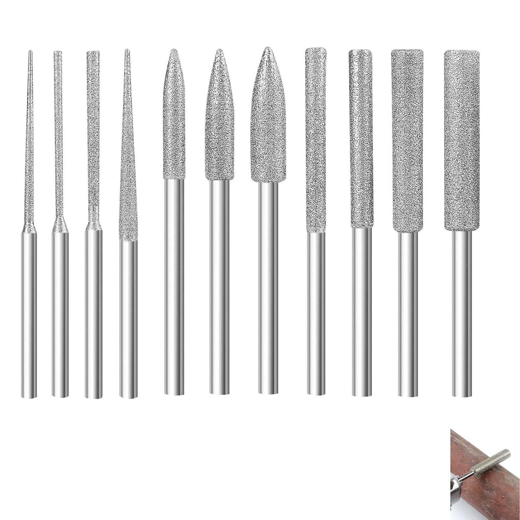 CONGGUAN 11Pcs Diamond Grinding Bits for Dremel 1/8" (3mm) Long Shank Cone Burr Set Stone Glass Ceramic Metal Engraving & Polishing Rotary Tool Accessories for DIY Jewelry Woodworking