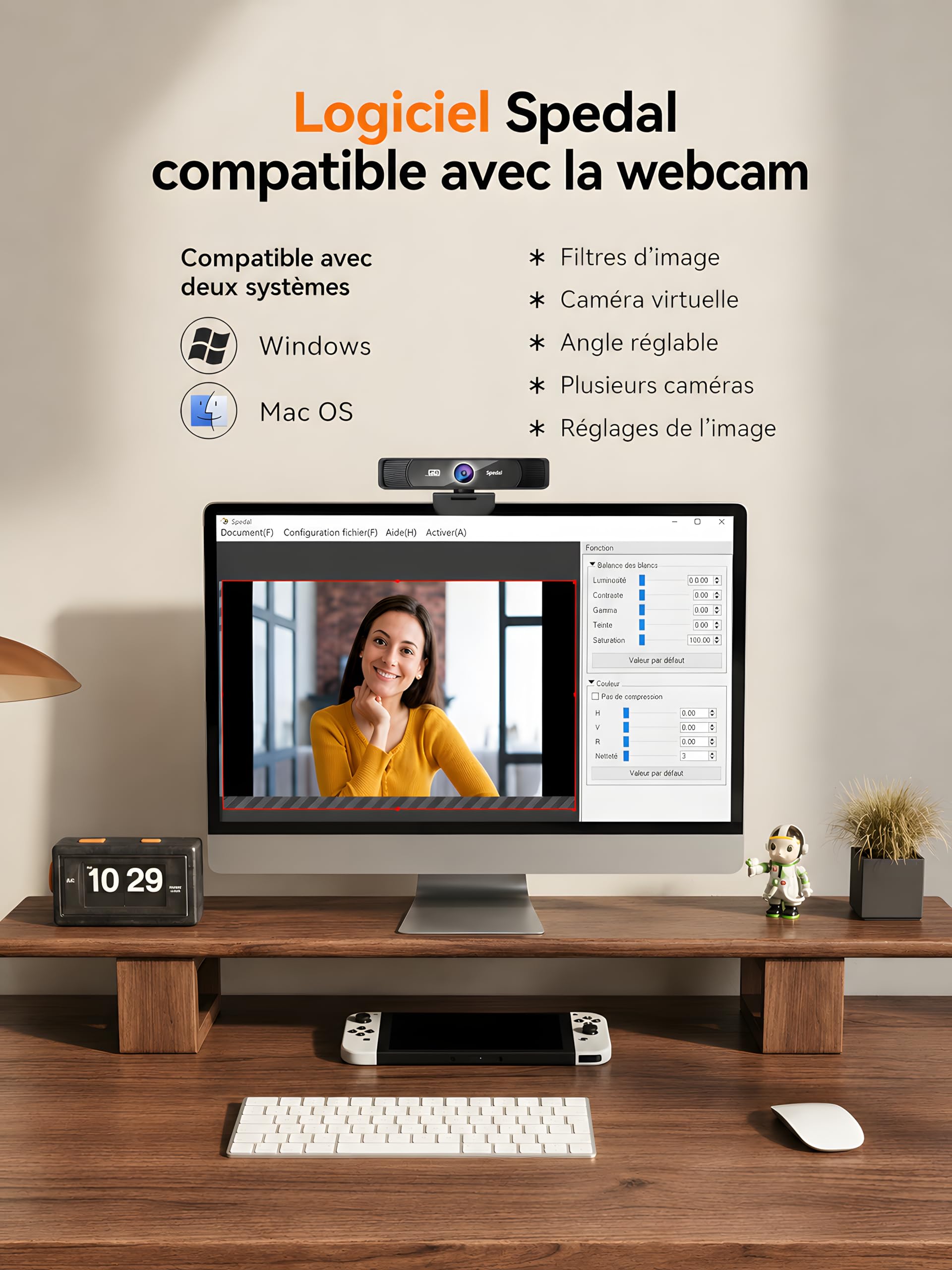 Spedal Webcam 4K Ultra HD 8 MP avec Zoom numérique 4× Grand Angle 120° Microphones à réduction de Bruit télécommande trépied Plug & Play USB-A/C pour Streaming
