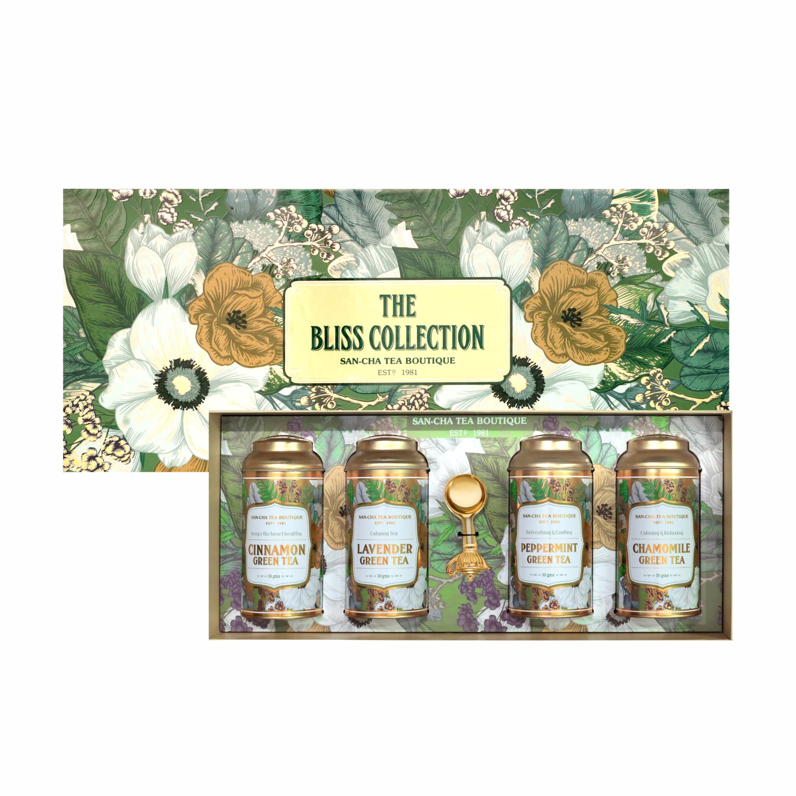 Sancha Tea Boutique Bliss Collection – Green Tea Gift Box with Lavender, Chamomile, Cinnamon & Peppermint Teas, 200g