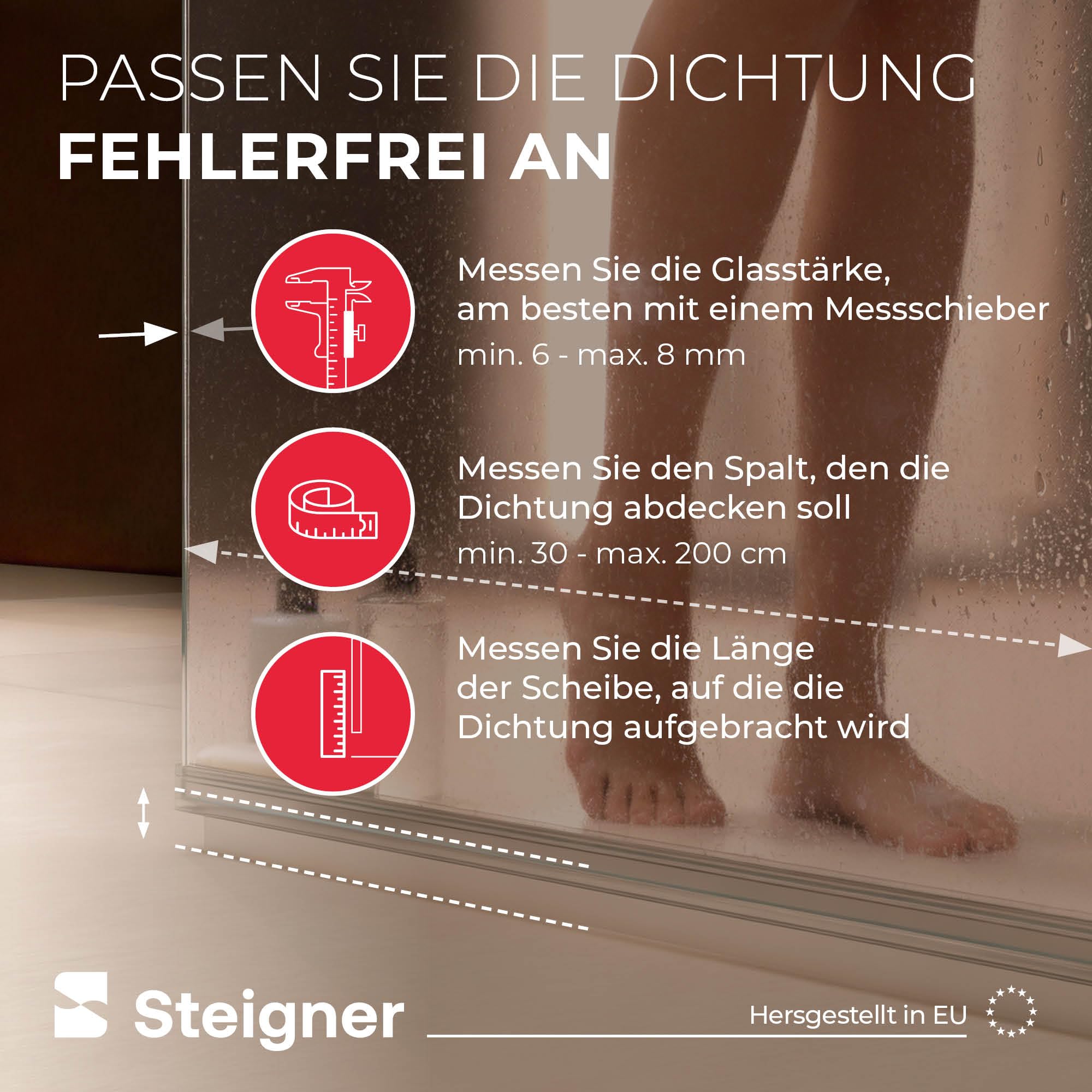 STEIGNER Duschtürdichtung UK12 200 cm (1 Stk.) Transparent - Dichtung gerade für Eckeinstieg Dusche oder Fünfeckdusche mit Duschtür 6-8 mm - Schutz gegen Auslaufen, Perfekte Passform, Einfache Montage