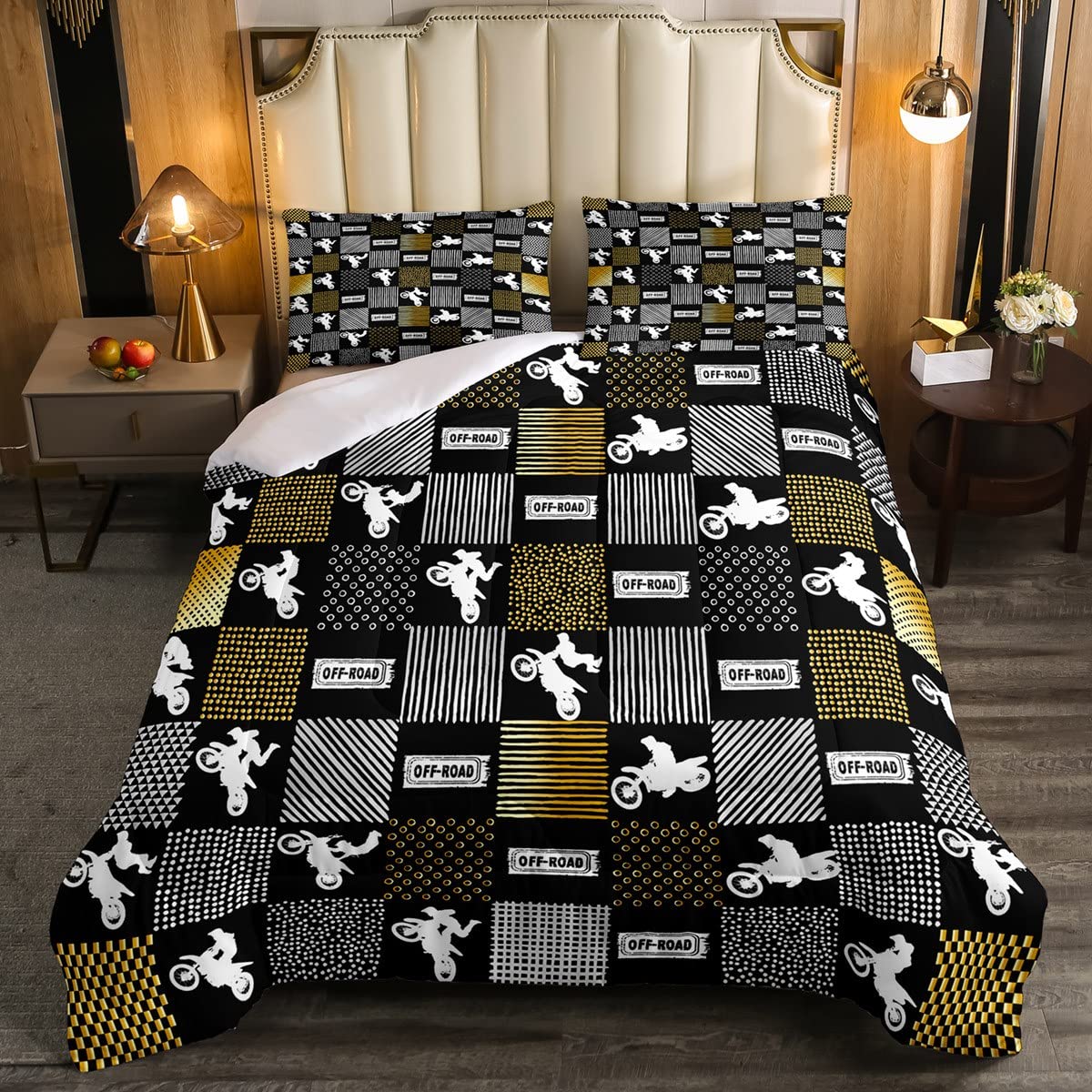 Loussiesd Motocross Rider Duvet Set Dirt Bike Motorbike Bedding Set for Kids Extreme Sports Buffalo Check Geometric Motorcycle Duvet Insert 2Pcs Single