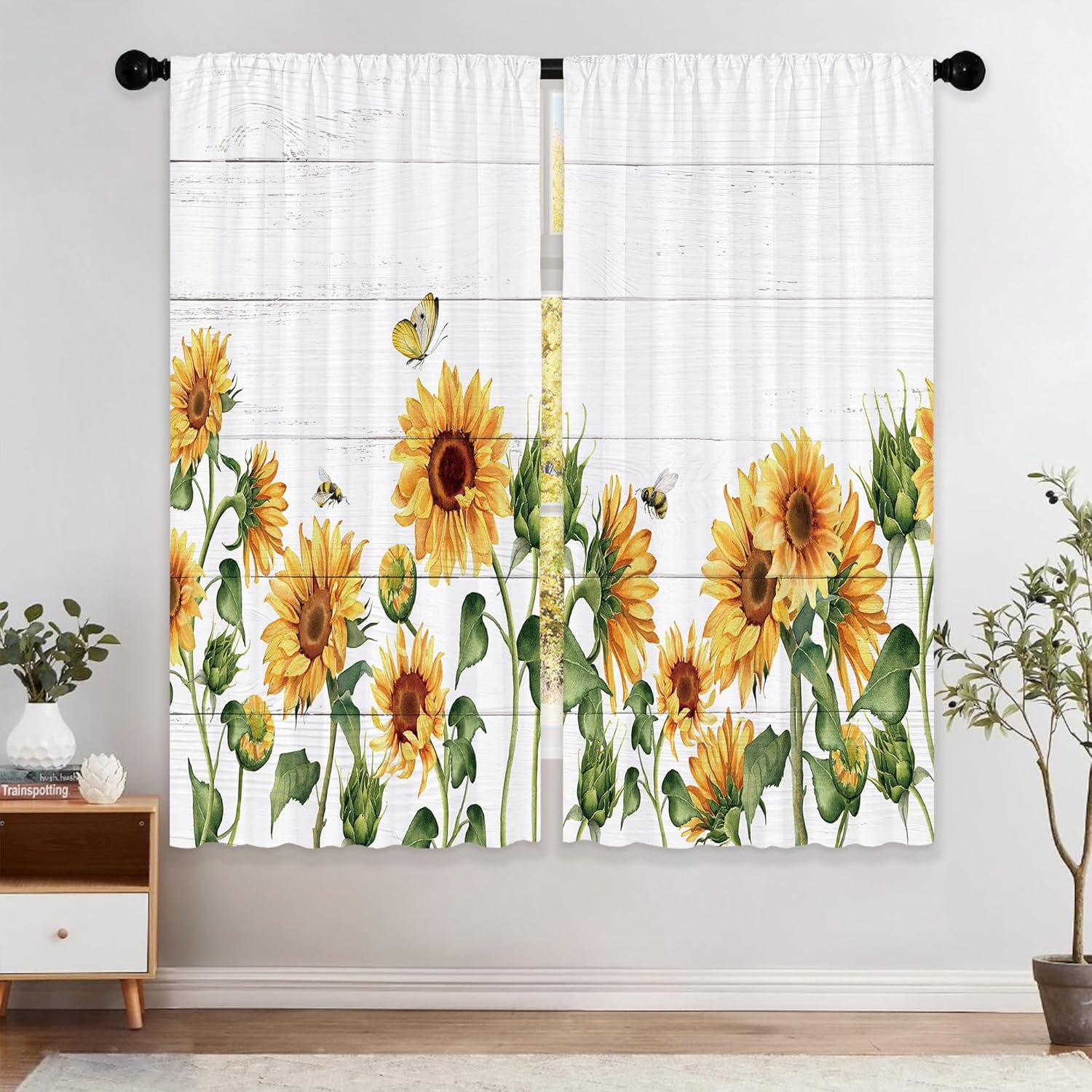 Farmhouse Sunflower Curtains, Yellow Flower Floral Window Curtains 42x63 Inch for Bedroom Living Room Decor, Rustic Vintage Country Window Drapes Treatment Draperies Fabric Rod Pocket