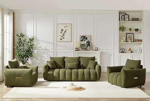 Miniatura 14 de Antetek Juego de 3 sofás de peluche para sala de estar, modernos sofás de asiento profundo de 2 unidades y un sofá Cloud Boucle de 3 plazas de gran