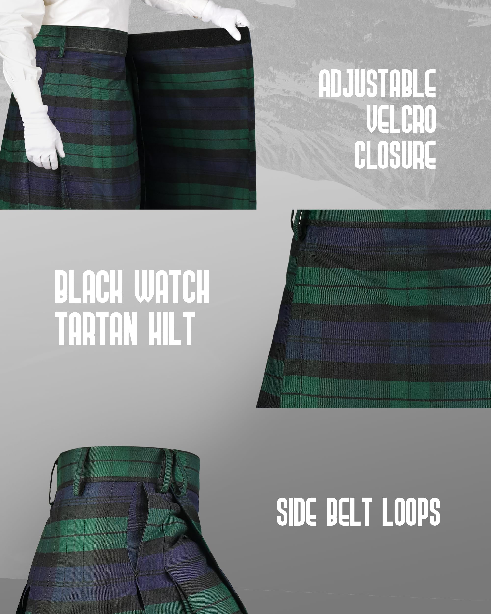 Sport-Kilt für Herren – Schottisches Schottenkaro, athletischer Kilt aus Polyviskose, Klettverschluss, Herren-Kilt mit kostenlosen Blitzen