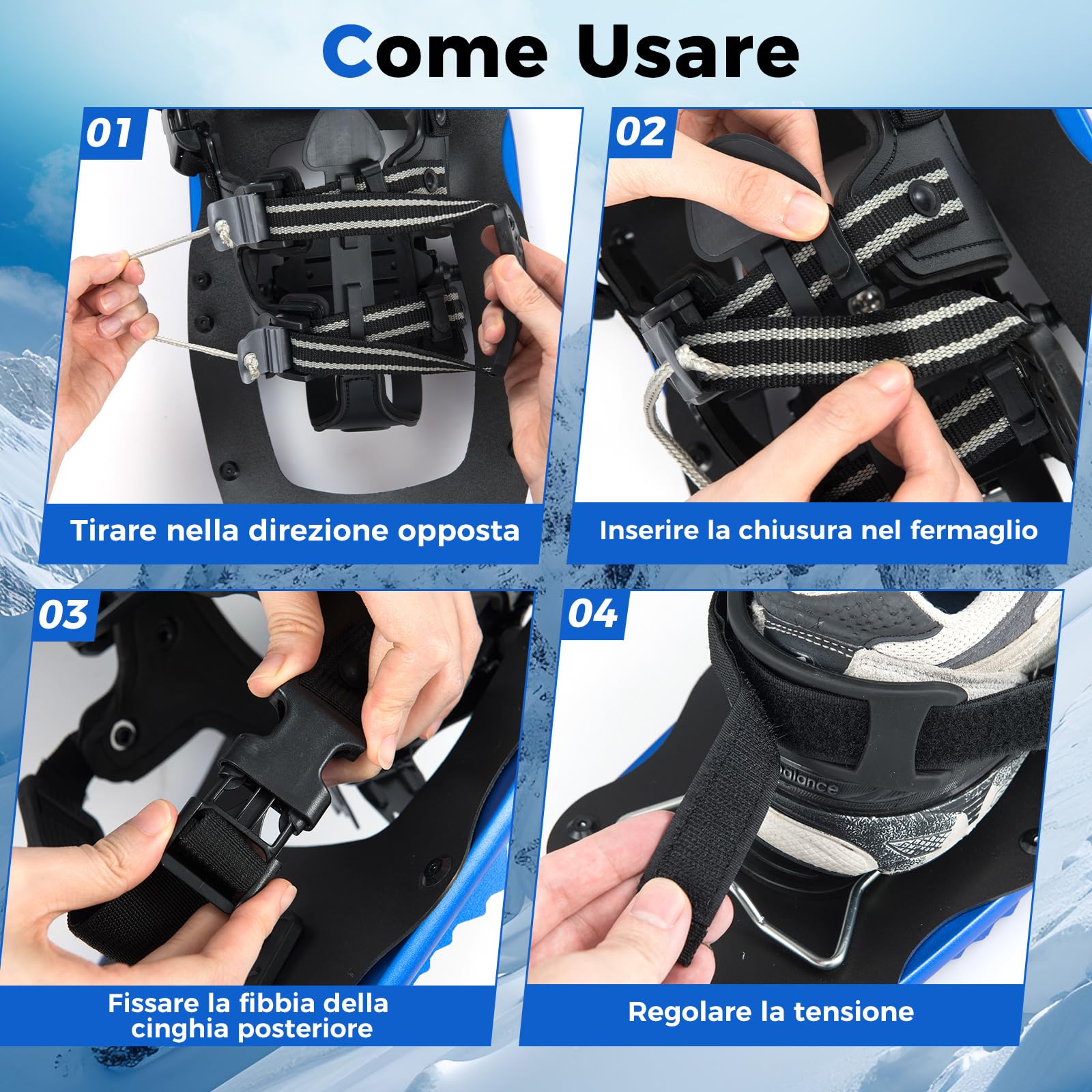 COSTWAY Ciaspole da Neve 54/63 cm, Racchette da Neve con Bastoncini da Trekking, Legacci Regolabili Imbottiti in EVA con Chiusura a Tiraggio Singolo e Sollevatore per il Tallone