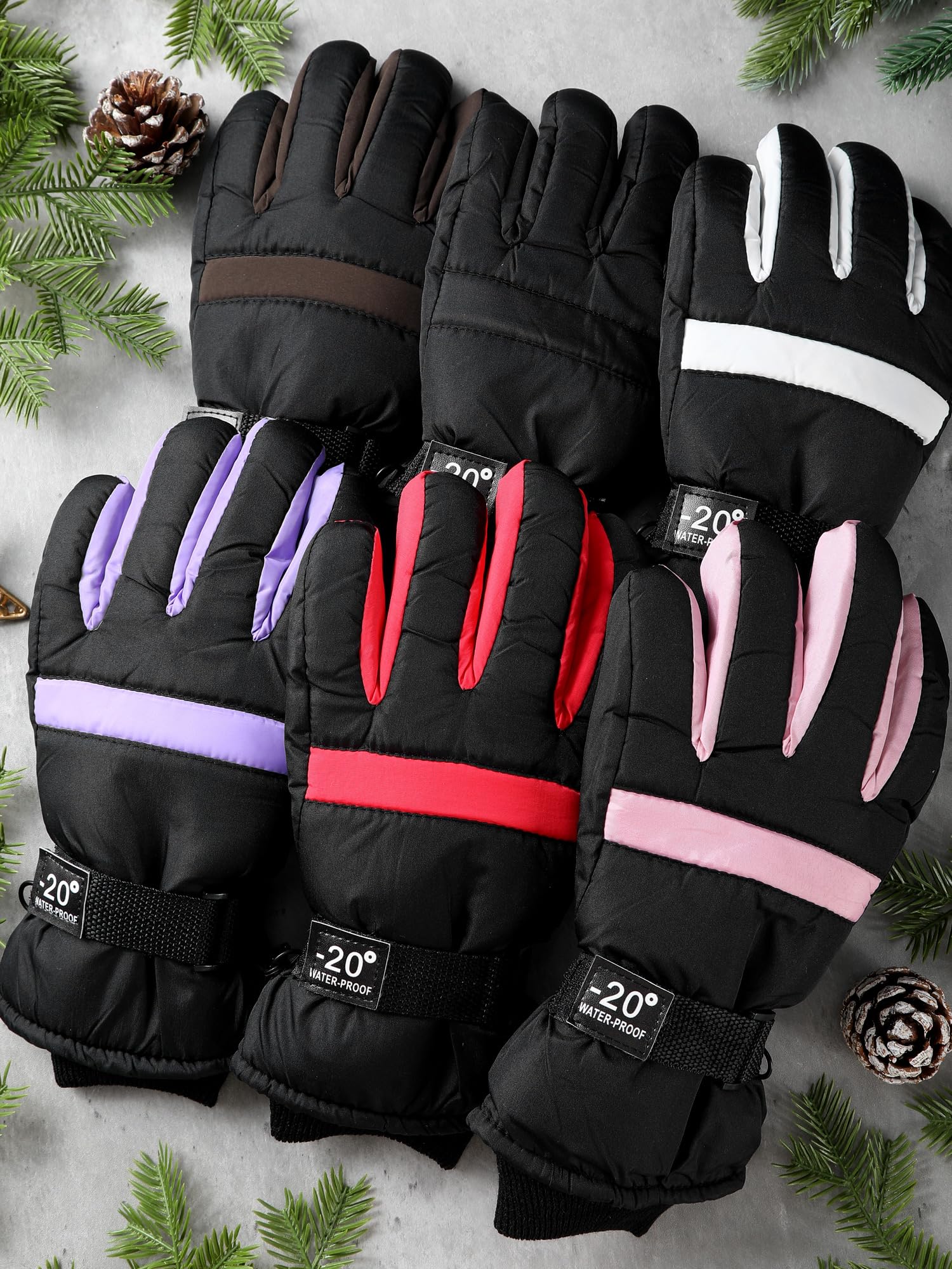 Bencailor 6 Paar Winterhandschuhe für Kinder, wasserdicht, Jungen, Schnee, Ski-Handschuhe, Mädchen, warm, winddicht, Fäustlinge für Kinder im Freien (Schwarz, Pfirsichrosa, Weiß, Hellrosa, Dunkelbraun