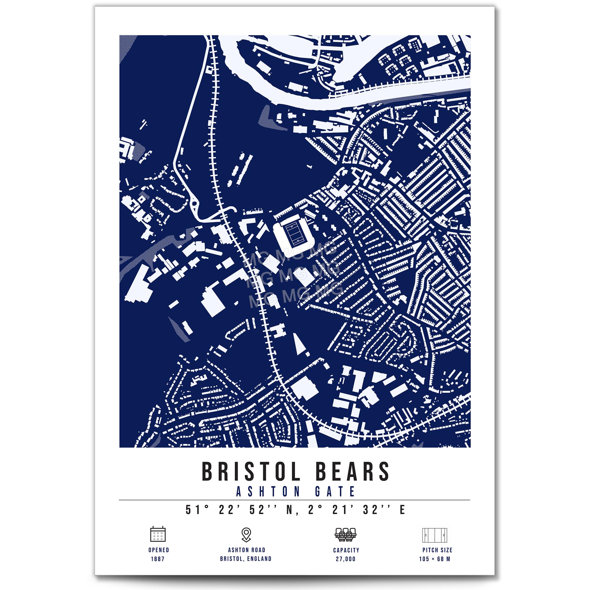 Mounted Gifts Trading Bristol Bears Ashton Gate Stadium Map Minimalist A4/A3 Poster Photo Print Framed Gift Rugby Fan Wall Art (A4 Print (Unframed))