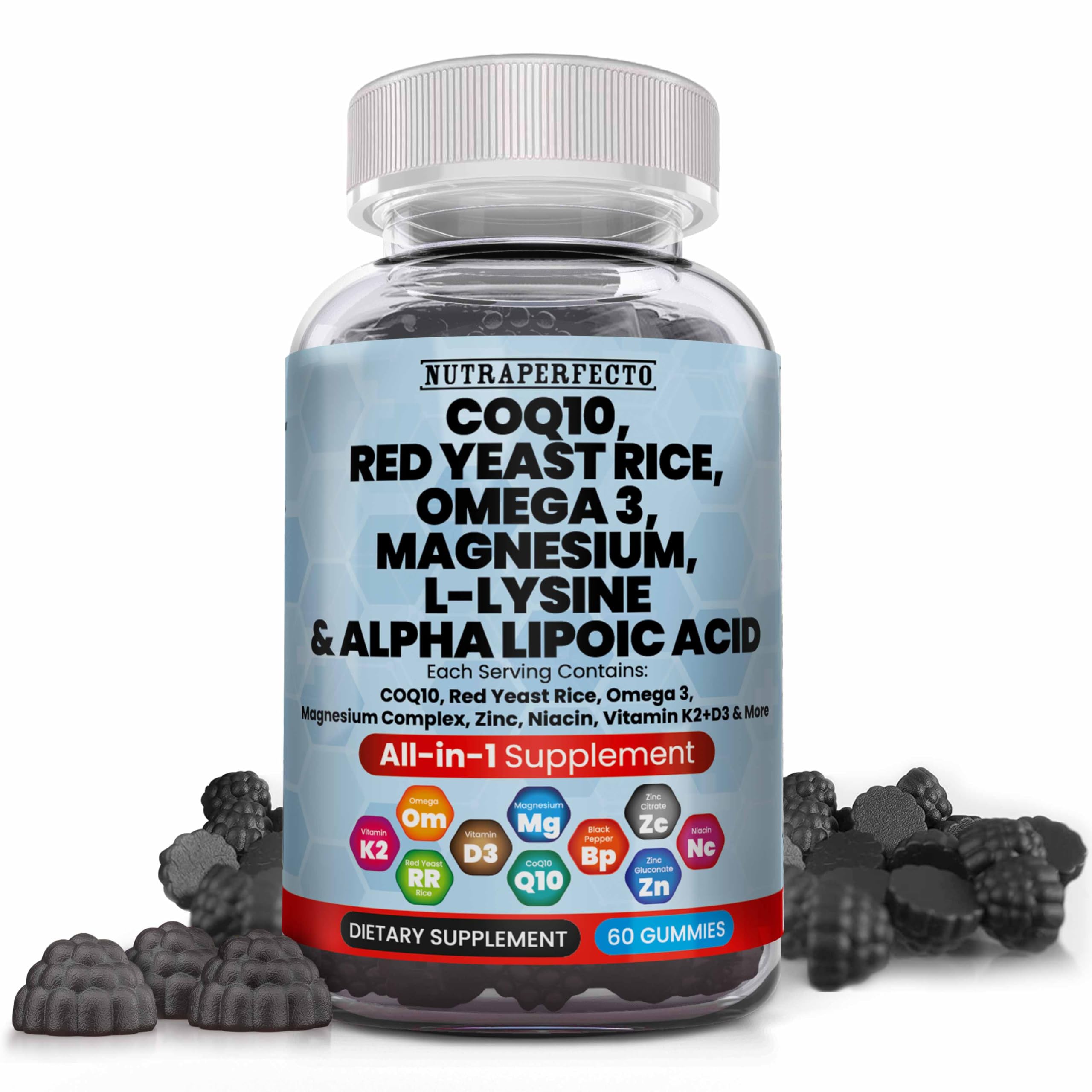 L-Lysine Coq10 Alpha Lipoic Acid Gummies Red Yeast Rice Magnesium Gummy for Adults and Kids - Amino Acid Supplements Omega 3 Niacin Zinc Vitamin K2 D3 B3 - Vitamins for Women and Men - 60 Gummy Bears