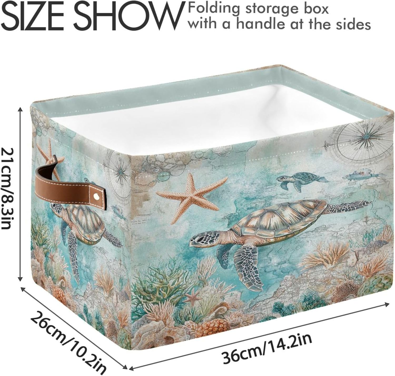 Sea Turtle Storage Basket Fabric Storage Bin Nautical theme Baskets Coastal Starfish Foldable Storage Boxes Organizer Bag for Baby Cloth Dog Toy Book Storage Cubes Shelf Closet Basket 16×12×8 Inches