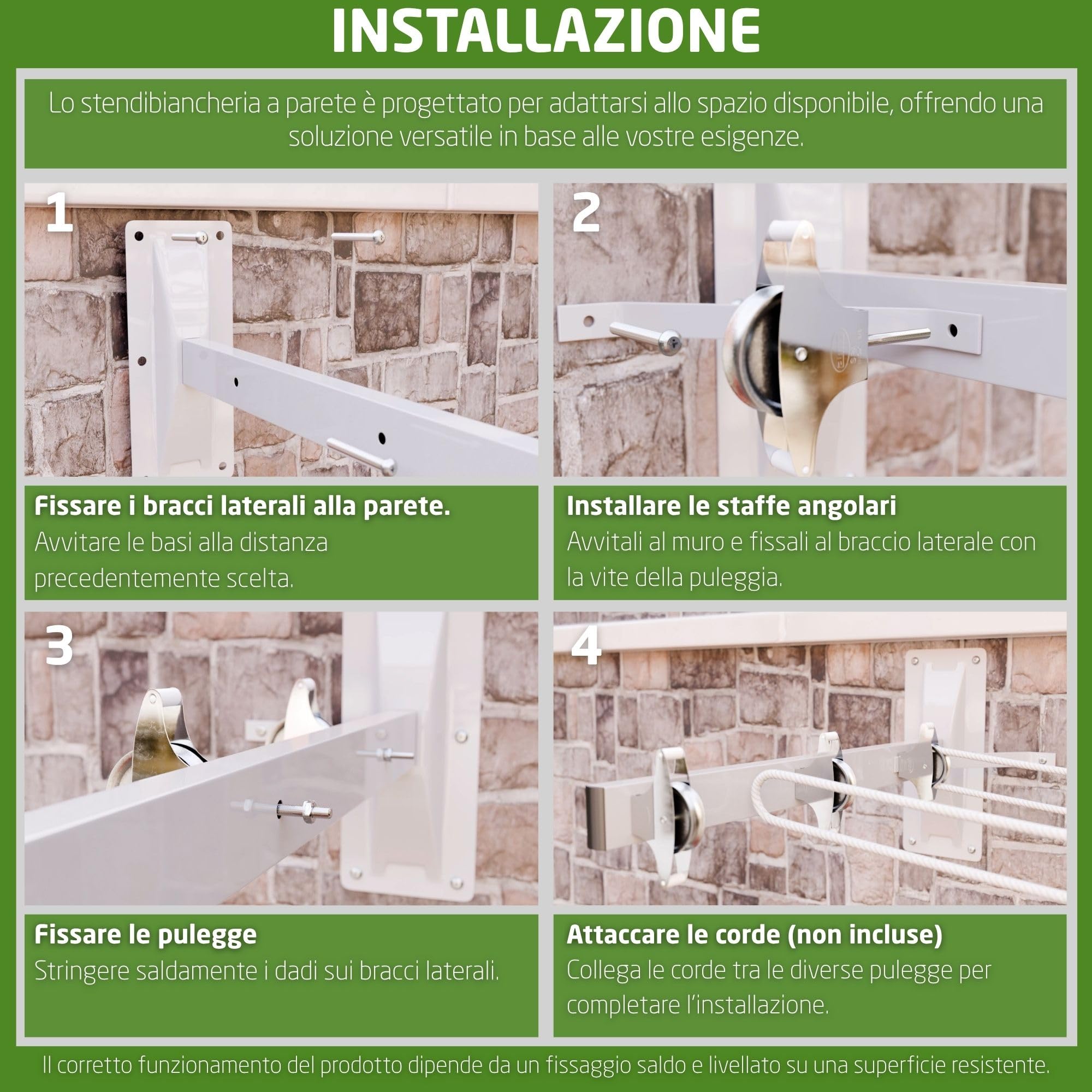 Amig - Stendibiancheria laterale da parete Mod. 3 - Stendino a 2 bracci con 6 carrucole in acciaio inox - Per 3 corde - Acciaio con verniciatura epossidica - Uso esterno - 450 mm - Bianco