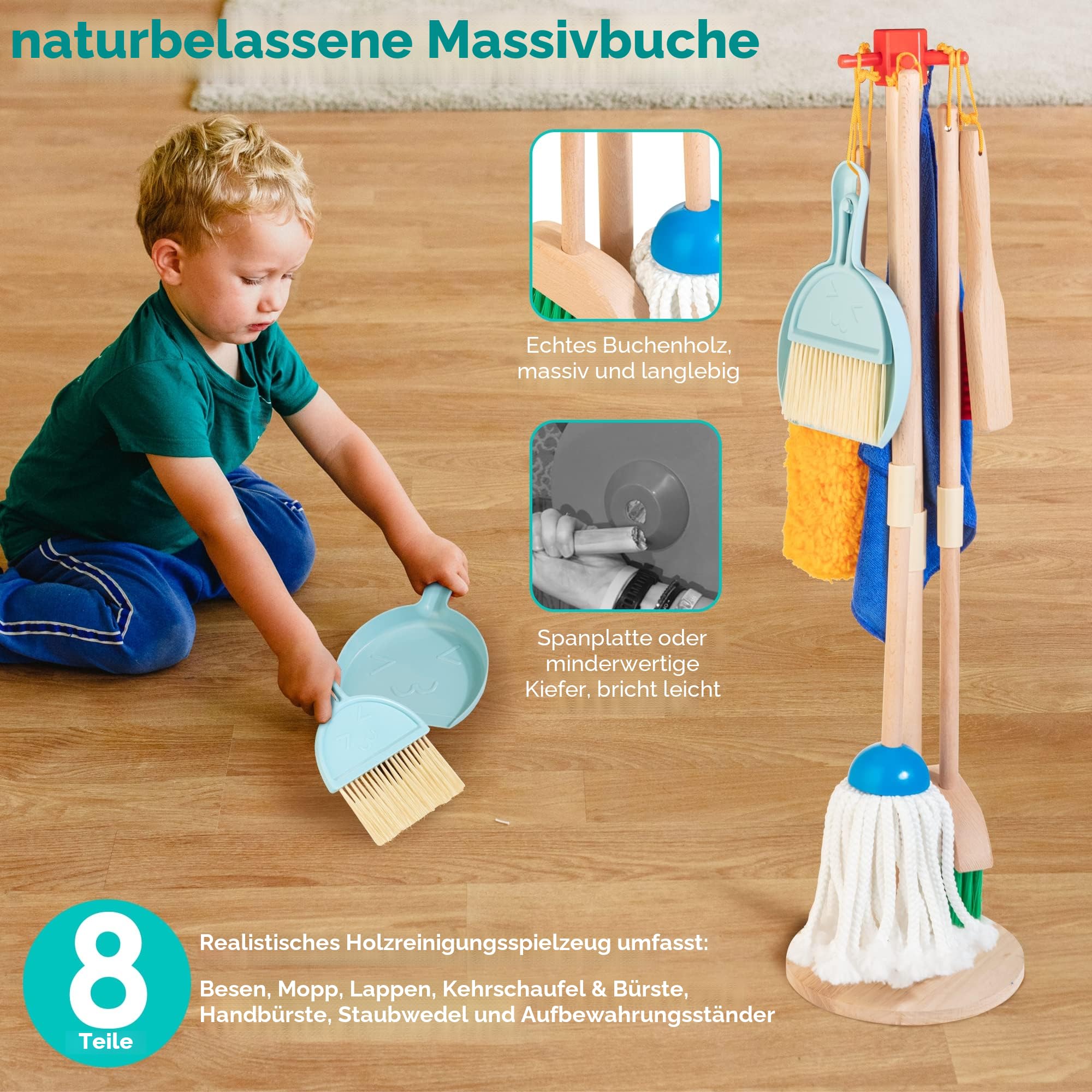 Kinder Holz Reiniungs-Set, 8-teilige Haushaltsspielzeug Rollenspiele Set inkl. Besen Mop Kehrblech Bürsten Lappen Handfeger Ständer, Reinigung Spielzeug für Mädchen Jungen Alter 3-6