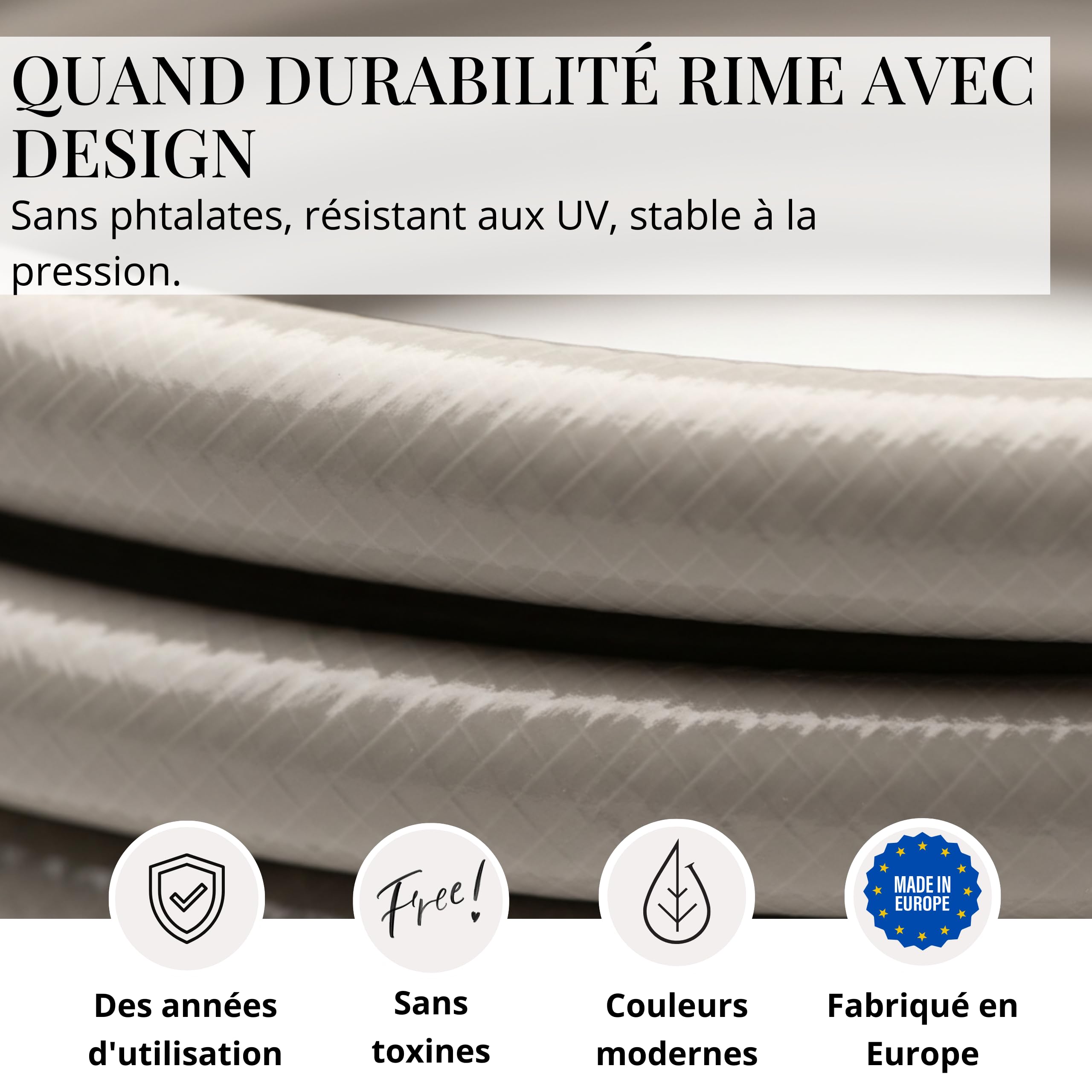 LIVLIG Tuyau d'Arrosage 30m Design – Tuyau Arrosage Flexible, 60% Recyclé, UV Résistant, Anti-Torsion, 1/2 Pouce, Grège