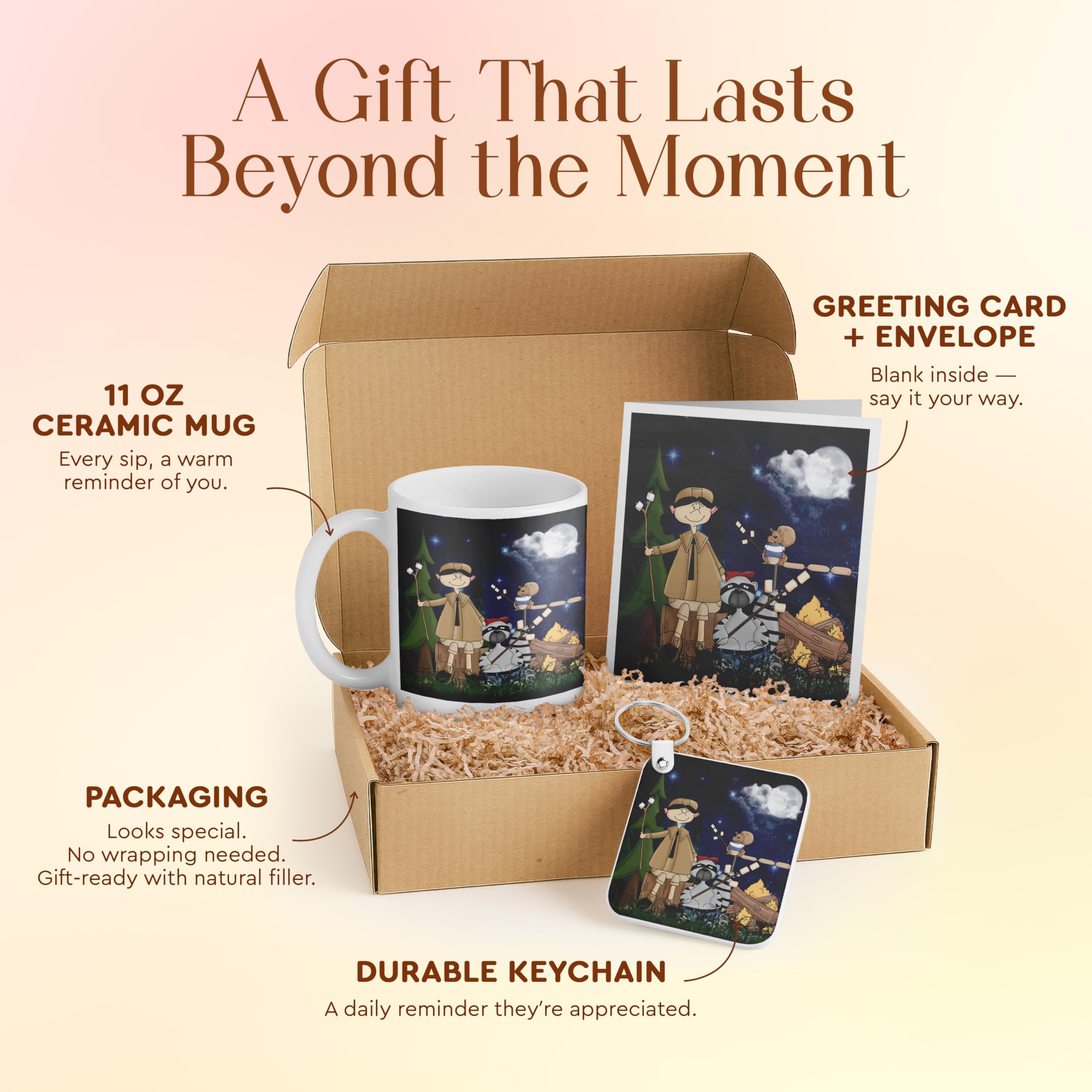 3dRose Camping Gift Set for Kids – Includes Mug, Keychain, and Card – Colorful Camping Scene – Perfect for Birthdays and Outdoor Enthusiasts