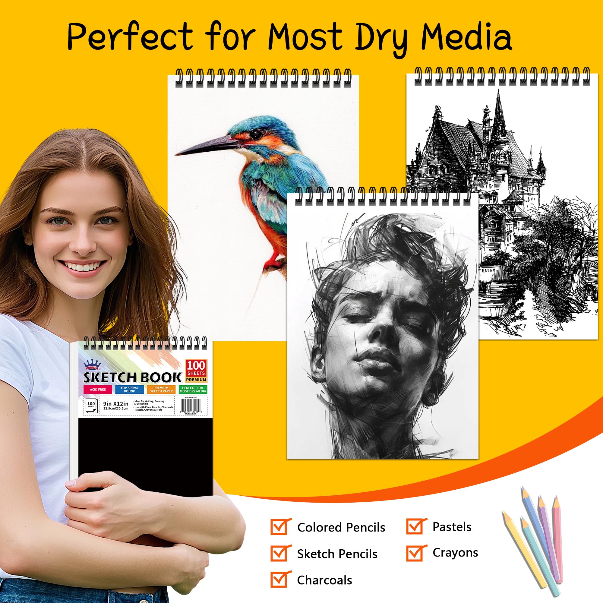 WINNER 9" X 12" Sketch Book 4 Pack, 400 Sheets Spiral Bound Art Sketchbook, 68lb/100gsm White Acid Free Drawing Pad, Sketching Drawing Writing Sketch Pad, Art Supplies For School, Kids, Adults &Teens