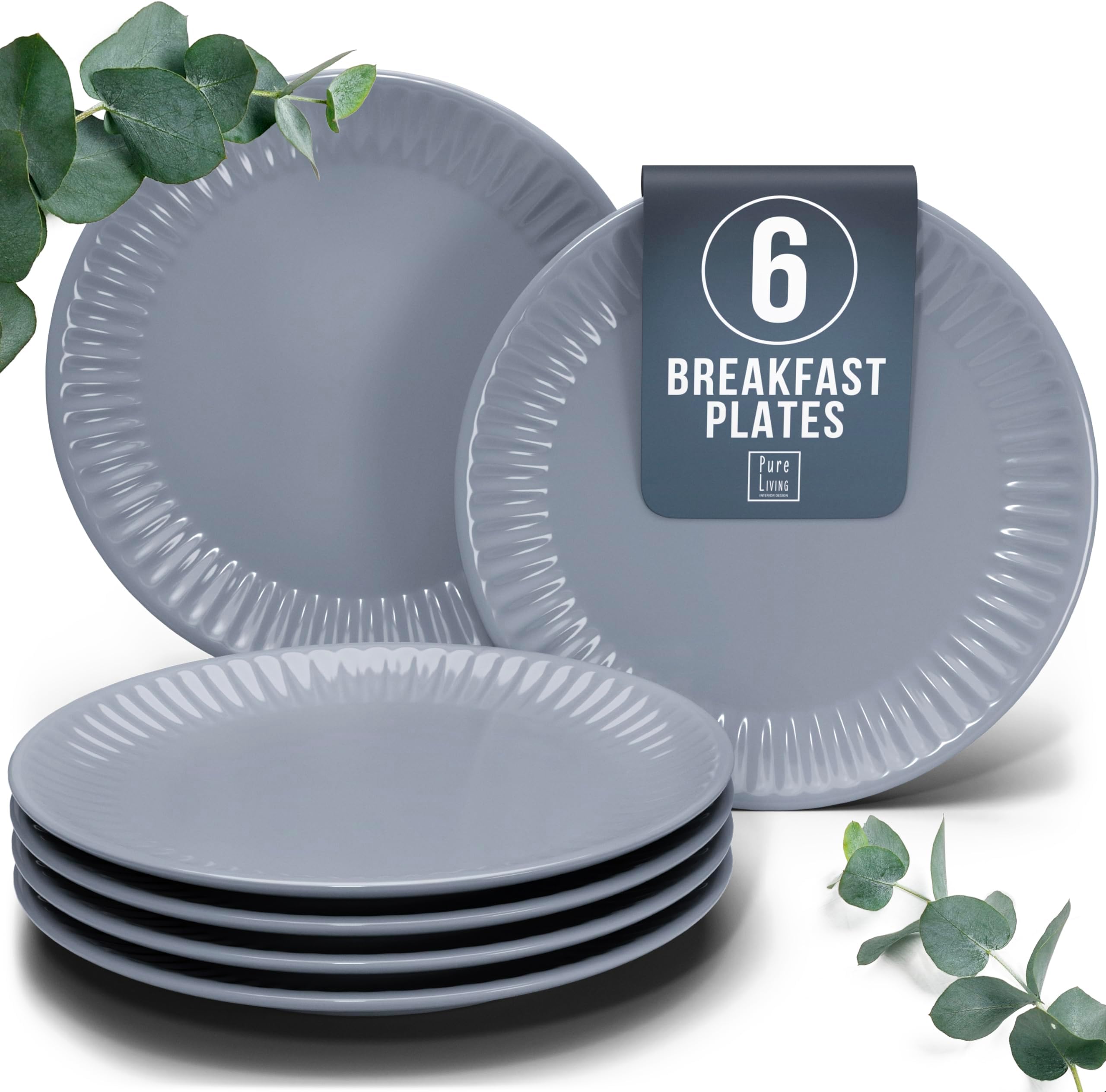 PURE LIVING INTERIOR DESIGN Breakfast and Dessert Plate Set Hygge Series - Stoneware, Stylish Cake Plates, Dishwasher, Microwave, and Scratch Resistant - Small Plates, Salad for 6 - in Grey-Blue