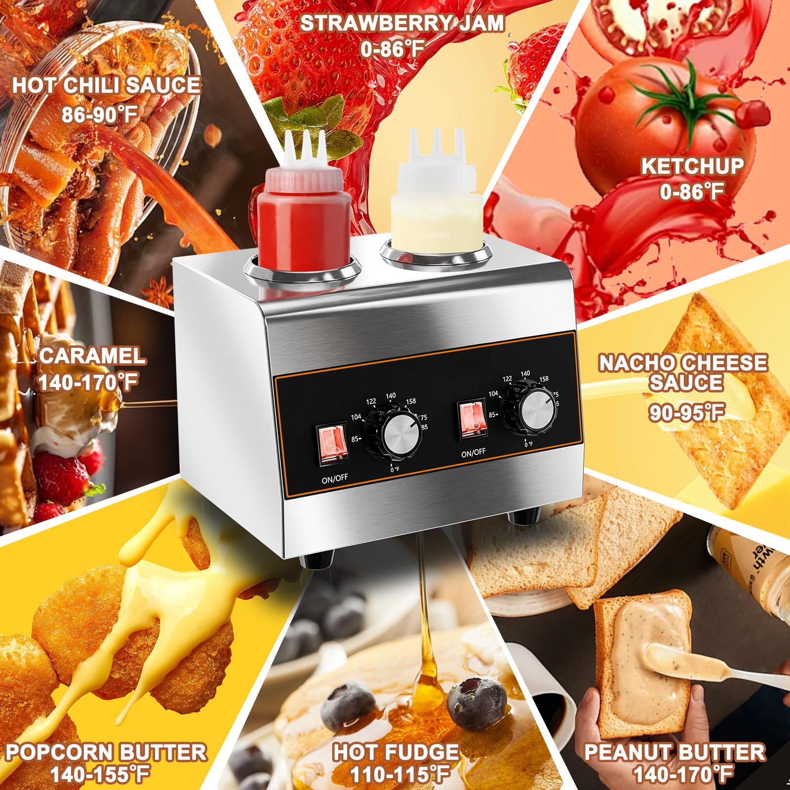 Dispensador eléctrico de salsa de queso, dispensador de queso Nacho, calentador de chocolate comercial, dispensador de dulce caliente para queso Nacho, caramelo, con botellas exprimibles de 650 ml, 2