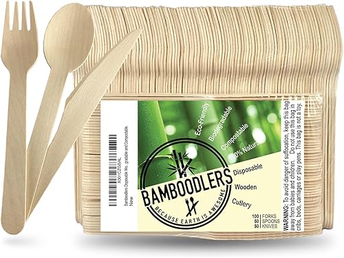 juego de cubiertos de madera desechables | 100 % natural, ecológico, biodegradable y compostable | ¡La tierra es genial! 200 utensilios de 6.5