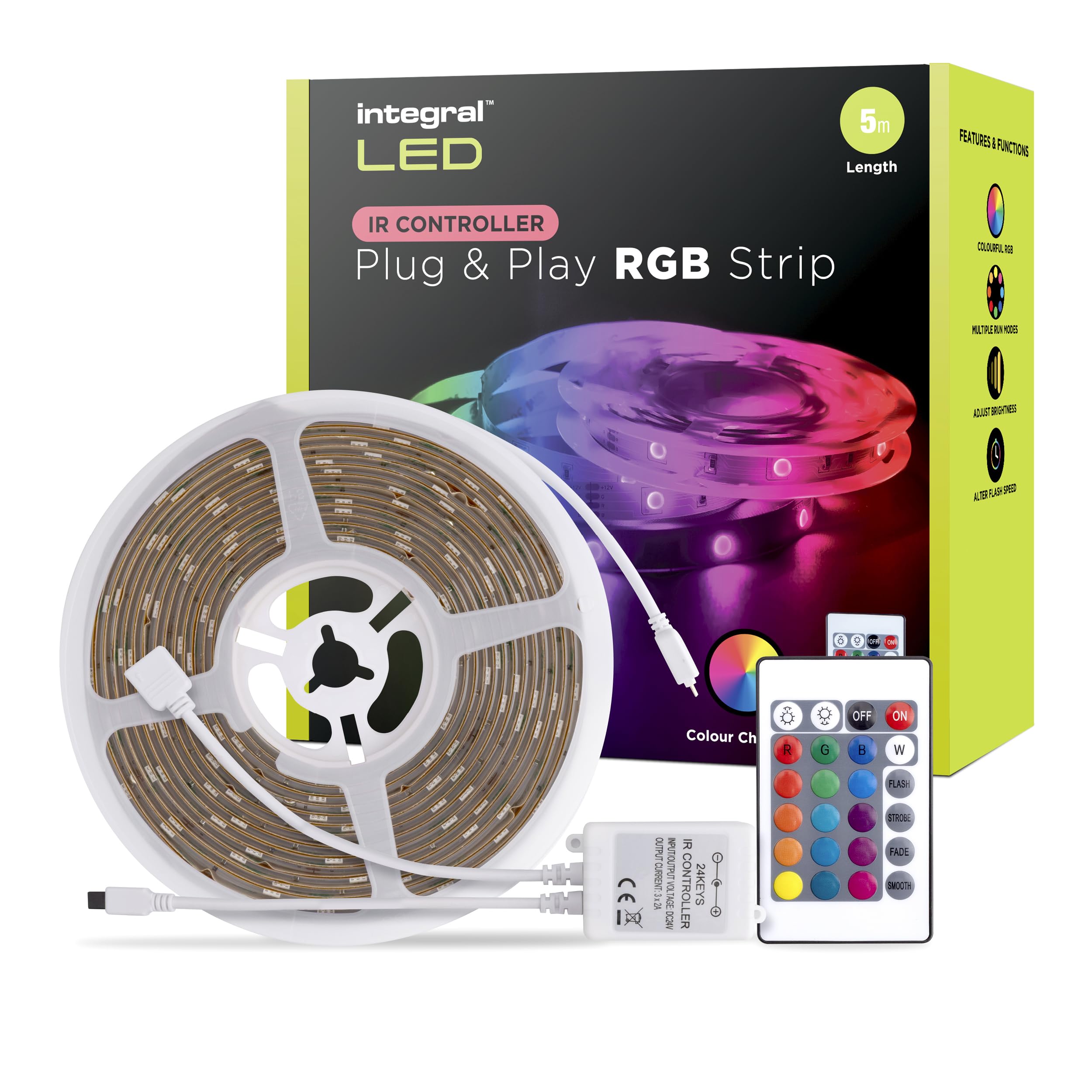 Integral 5M RGB LED Strip Light, Colour Changing, Dimmable, Music Sync, Plug & Play, UK Plug and Remote Control: for Bedroom, Living Room, Office, Kitchen and More