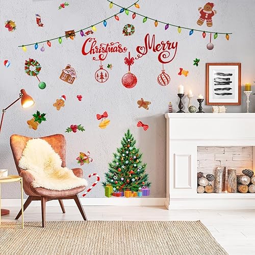 47.24 x 47.24 pulgadas, calcomanía de pared de Feliz Navidad, árbol de Navidad, bola de luz de globo, calcomanías de pared extraíbles para disponible en Yaxa Peru