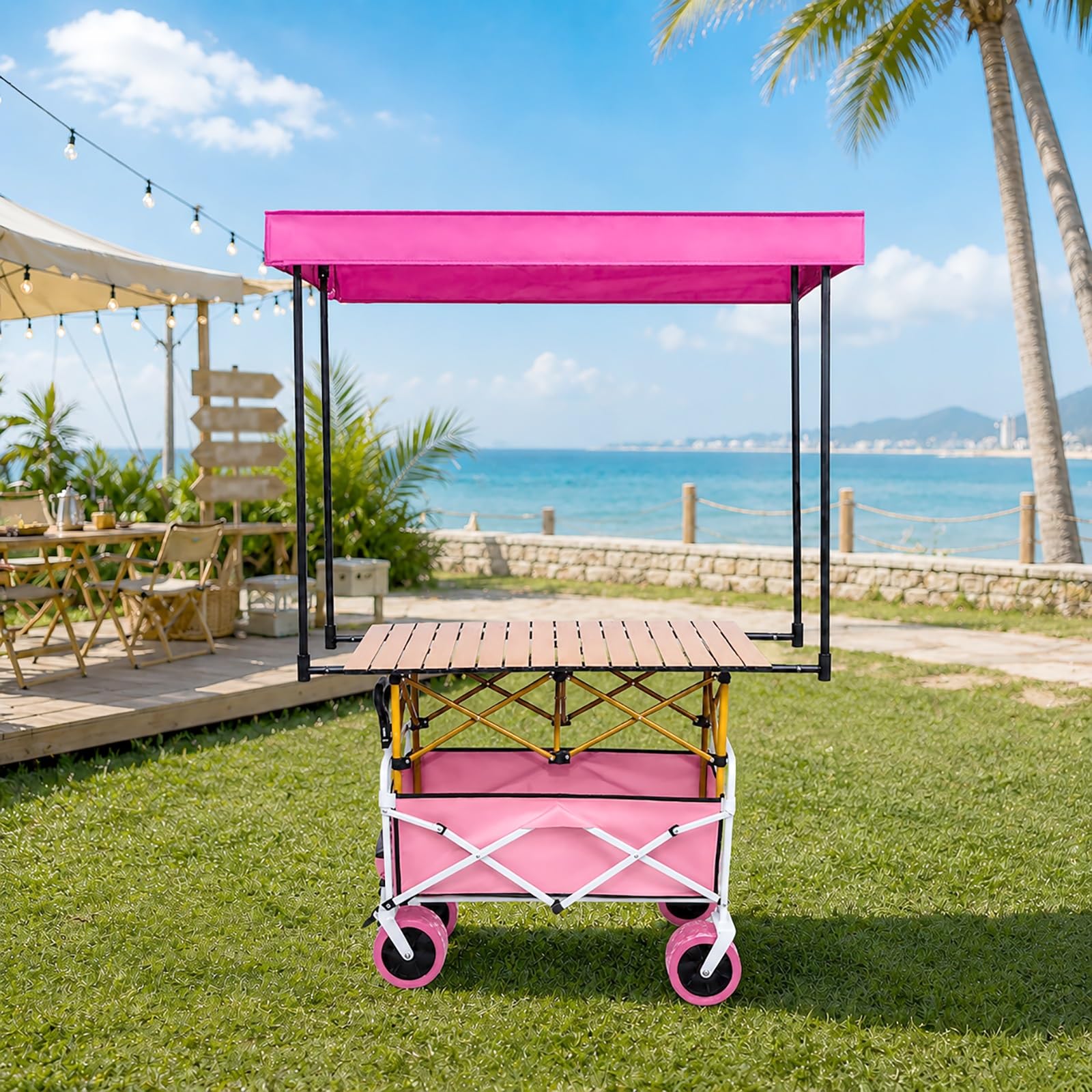 Carros Portátiles para Exhibición De Alimentos, Carro Comercial para Vendedores con Ruedas Y Toldo, Carrito Plegable para Quiosco De Exhibición(Pink,118cm/46.4in)