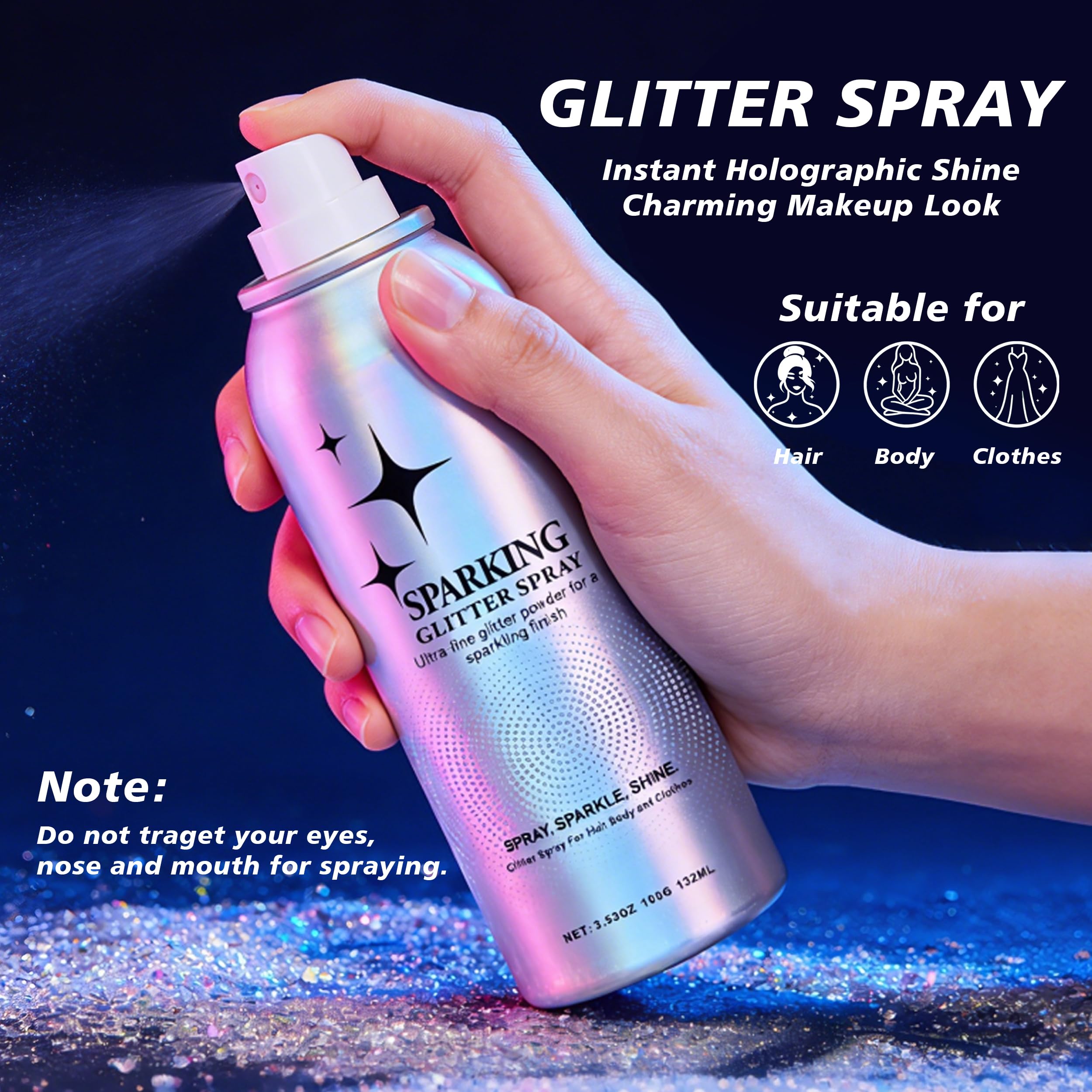 Mifeloy Hair and Body Glitter Spray - Long-Lasting Hair Spray & Body Shimmer, Face Glitter, Quick-Drying Spray Glitter, Festival, Concert, Prom - Glitter Hairspray for Men Women, 100ml - 4