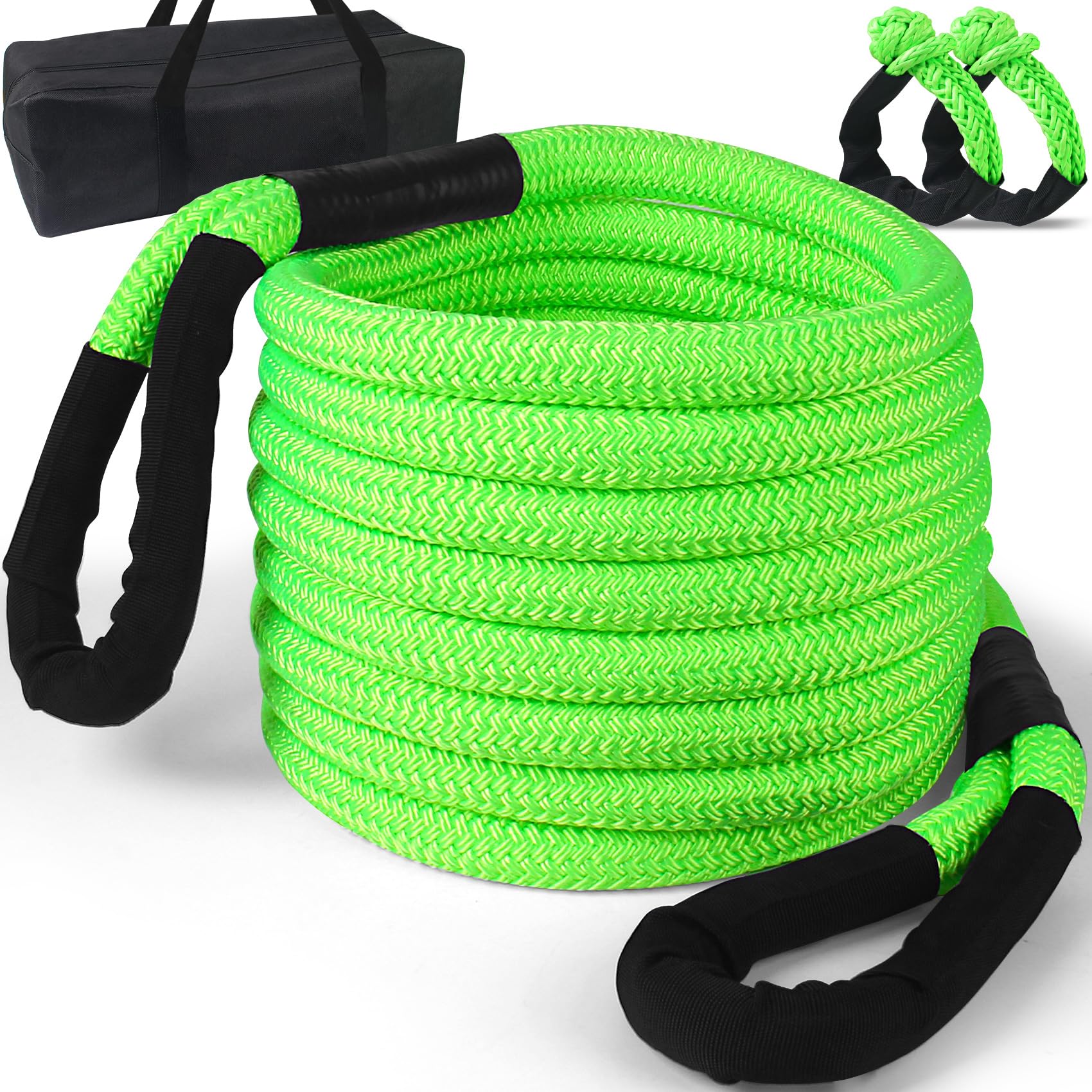 Kinetisches Erholungsseil mit weichen Schäkeln, 1,9 cm × 6,8 m, Grün, 8.709 kg Erholungsseil-Set, Offroad-Power-Kinetisches Abschleppseil, robustes kinetisches Seil, für Jeep, Auto, LKW, ATV, UTV, SUV