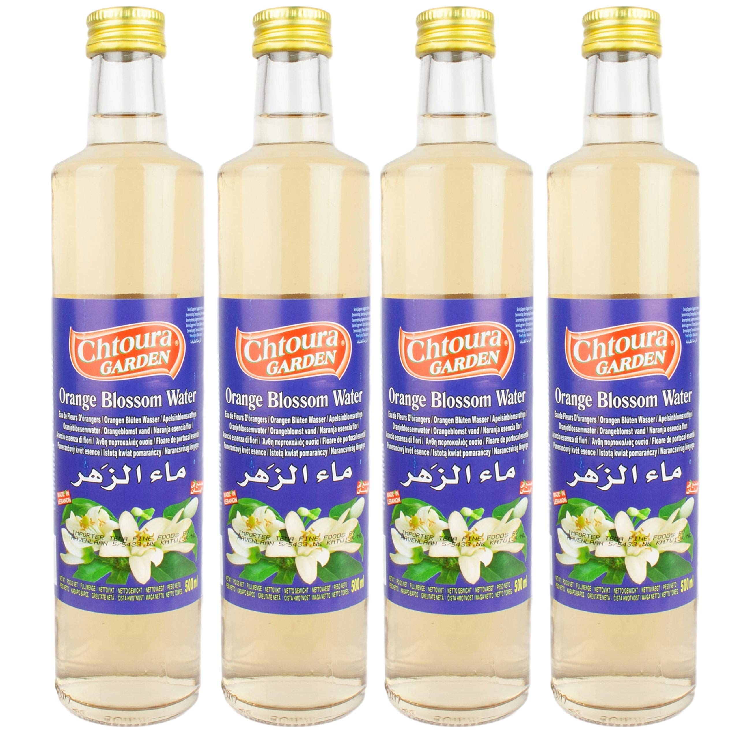 Chtoura Garden - Agua oriental de azahar ideal para hornear y cocinar - Agua de flores para aromatizar platos dulces, productos horneados y bebidas en un juego de 4 botellas de cristal de 500 ml