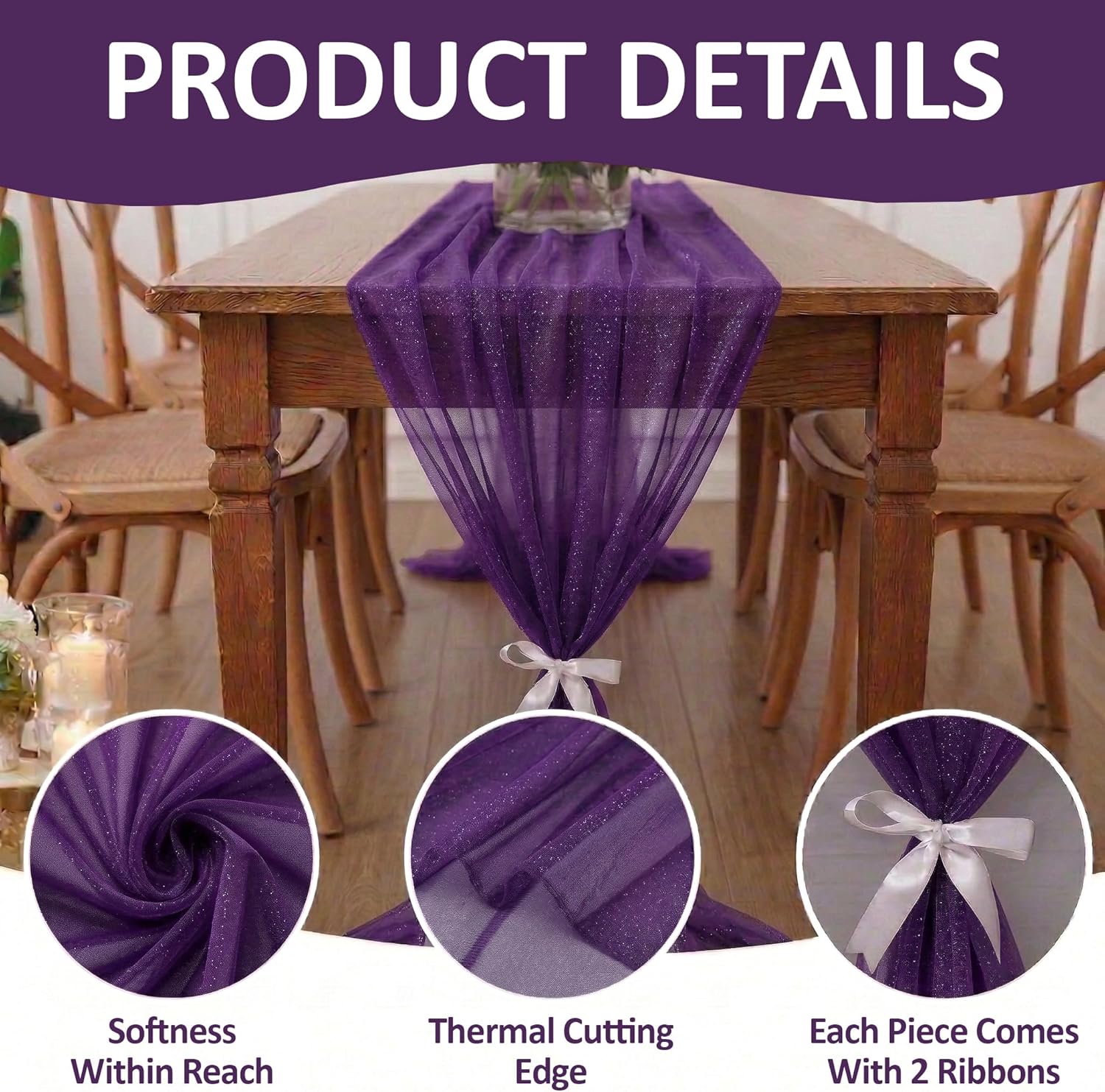 MDS 12 Pack 10ft Chiffon Table Runner 29 x120 Inches Sheer Wedding Runner Romantic Rustic Table Runner for Wedding Decorations, Birthday Parties, Bridal Shower Party Arch Decor - Cadbury Purple