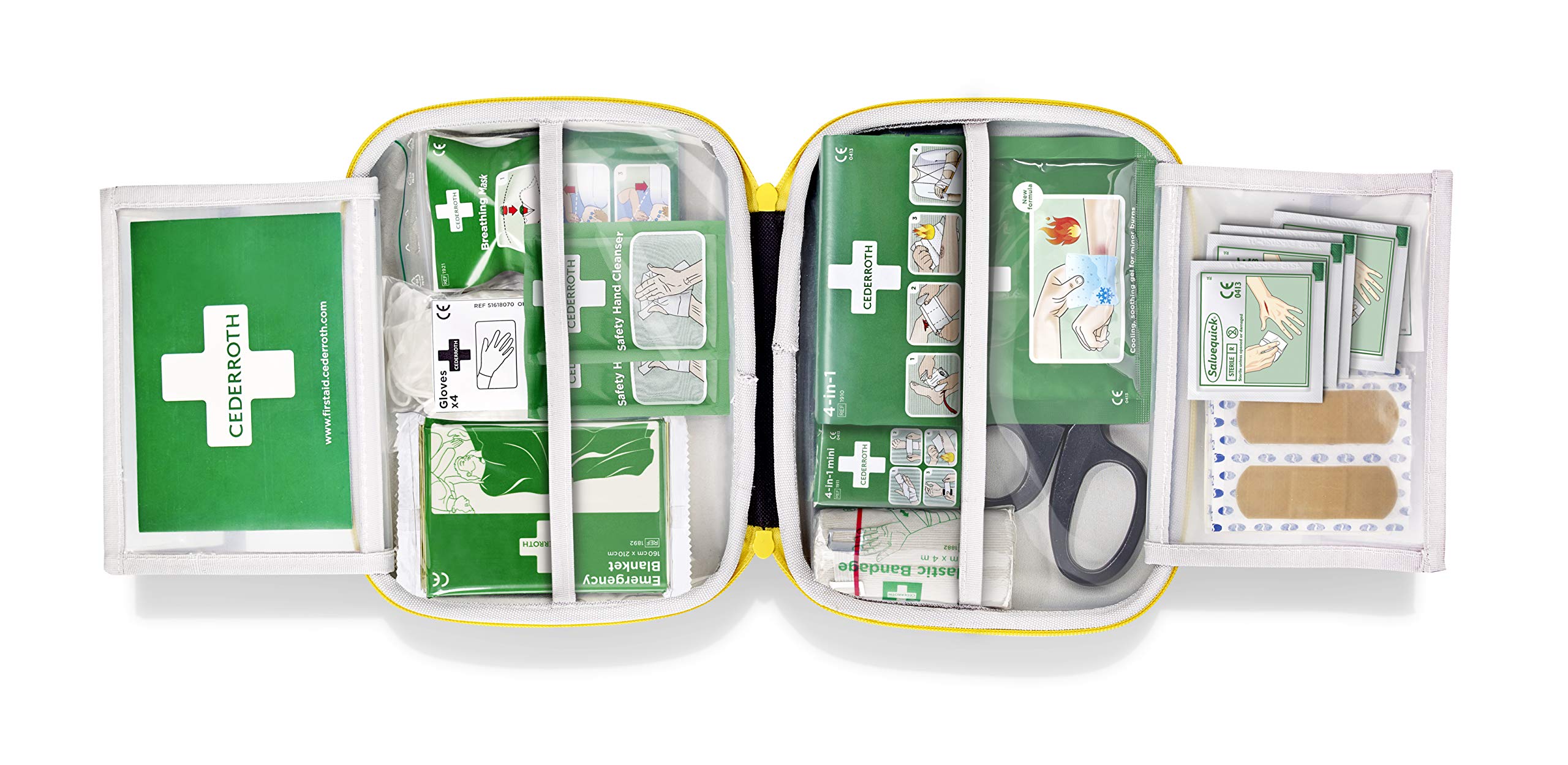 Cederroth ® | First Aid Kit Medium | Kit de primeros auxilios bien equipado y hecho de un material resistente tipo caucho, con una práctica asa y una tira de cierre de velcro ajustable
