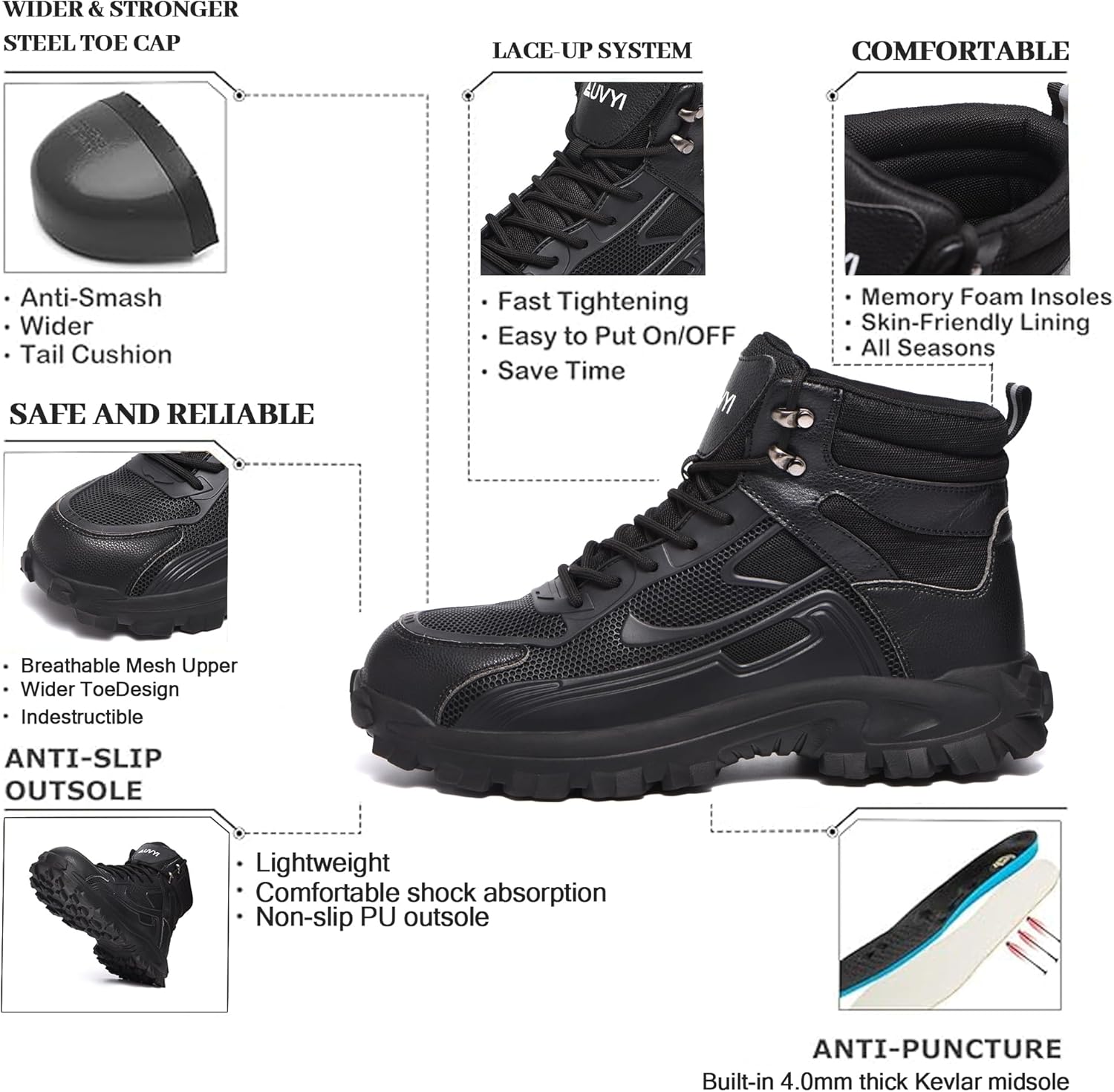 Steel Toe Work Boots for Men - Wide Toe Lightweight Safety Boots with Breathable Mesh Upper, Slip-Resistan & Durable Shoes - Image 3