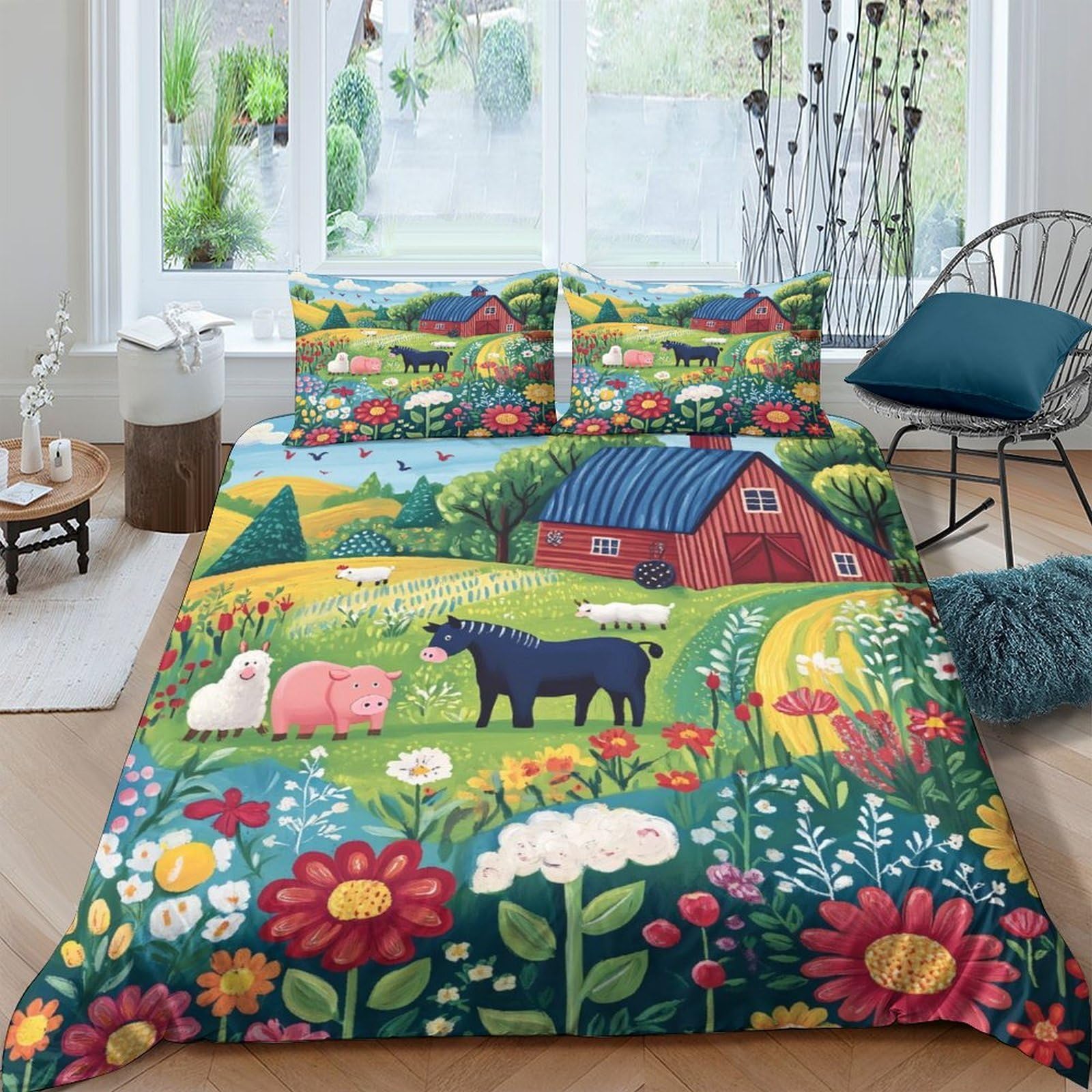 XFKLYNVCJ 3D Printed Farm animals Duvet Cover Microfiber Rustic countryside illust Bedding Cover Lightweight Easy Care for Housewarming Gift New Home Bedroom Use Double（200x200cm）