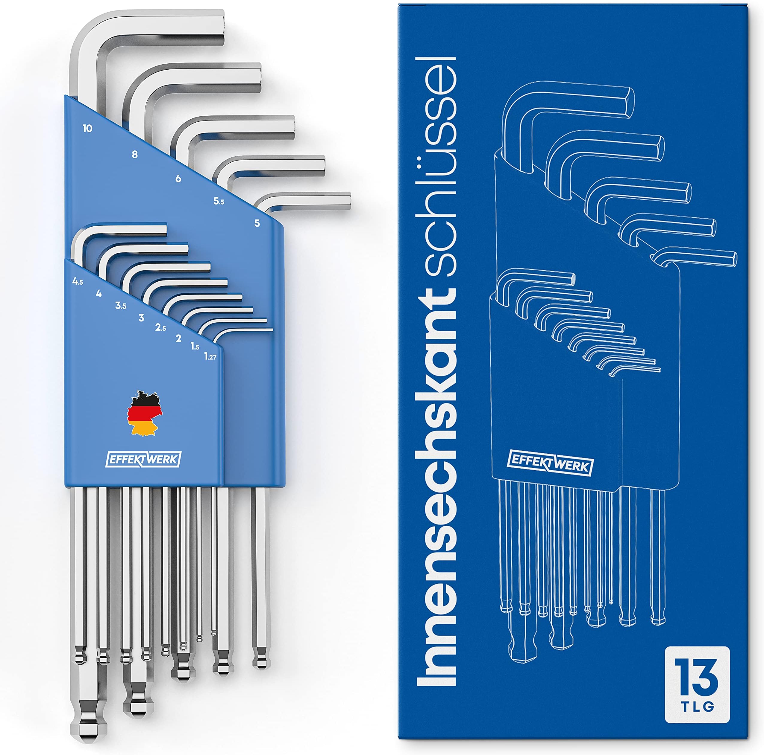 Effektwerk Jeu de 13 clés Allen (1,2710 mm), clés hexagonales avec extrémité sphérique à bras