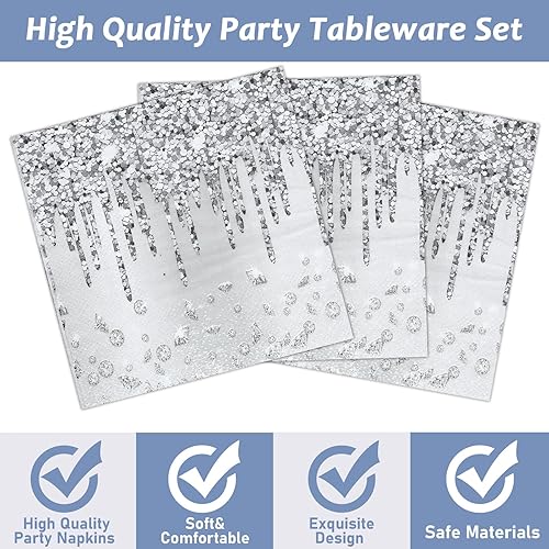 Miniatura 3 de Servilletas plateadas para fiesta de cumpleaños, 100 unidades, suministros de servilletas de papel con temática de diamantes, servilletas de papel