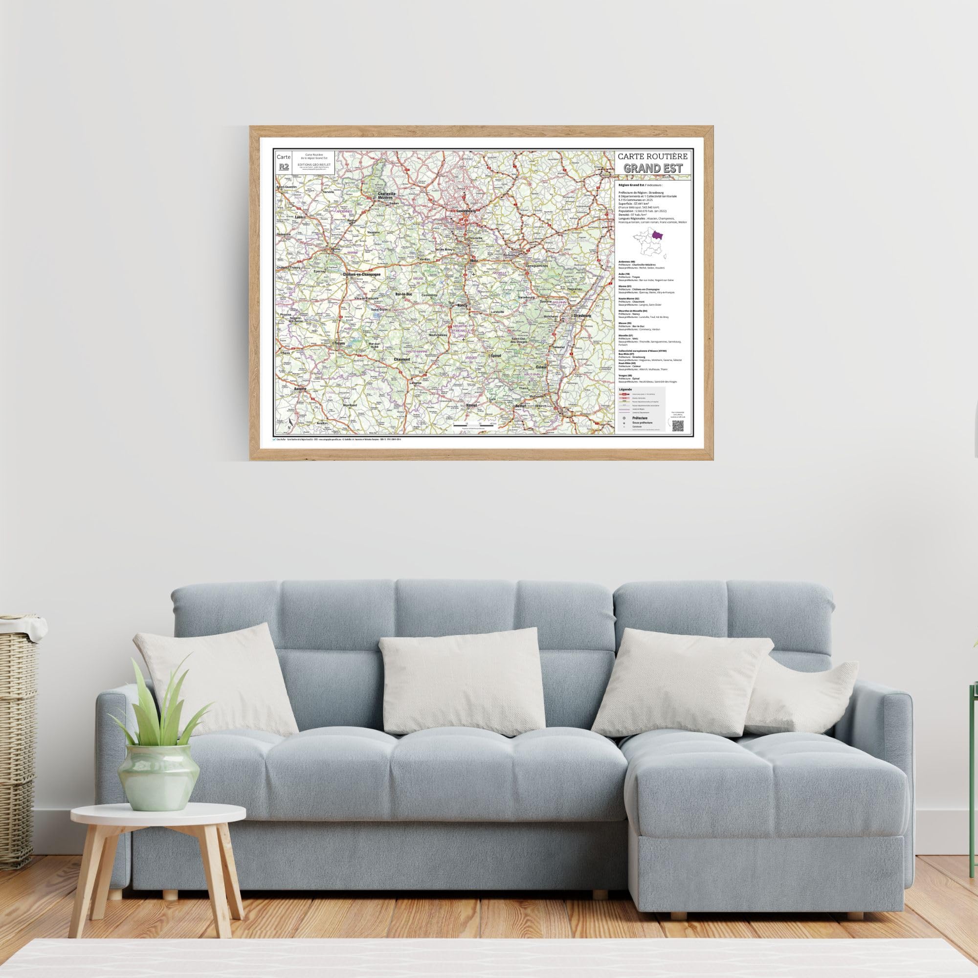 Carte routière de la région Grand Est - Poster plastifié 100x70 cm - Édition 2026