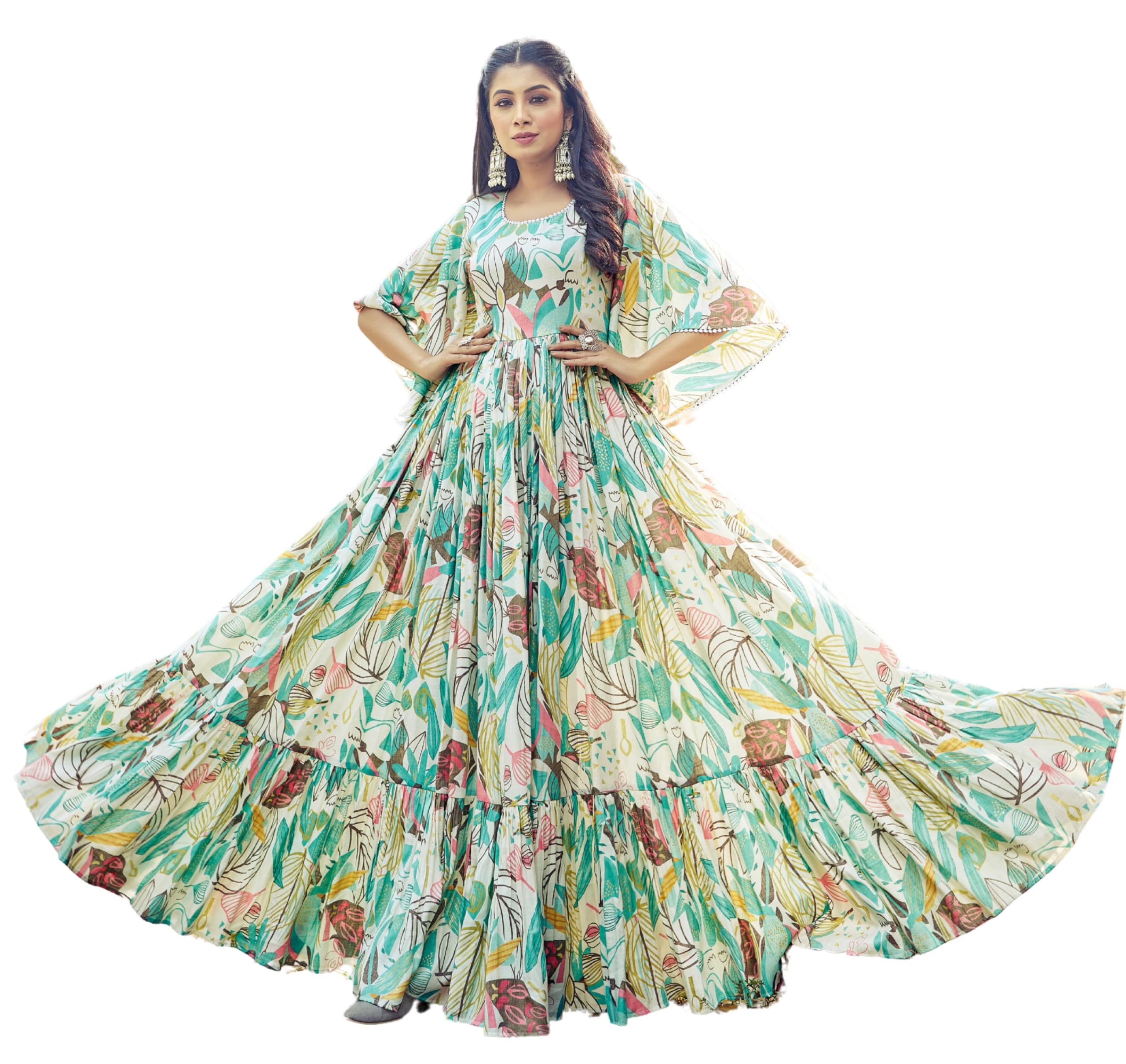 samprag Rayon Gown for Women | Full Length | Printed | Fit & Flare | Flared & Bell Sleeves | Round Neck | Ethenic Dress | Ideal for Casual, Wedding & Party Occassions | Off-White & Pink-picture-37