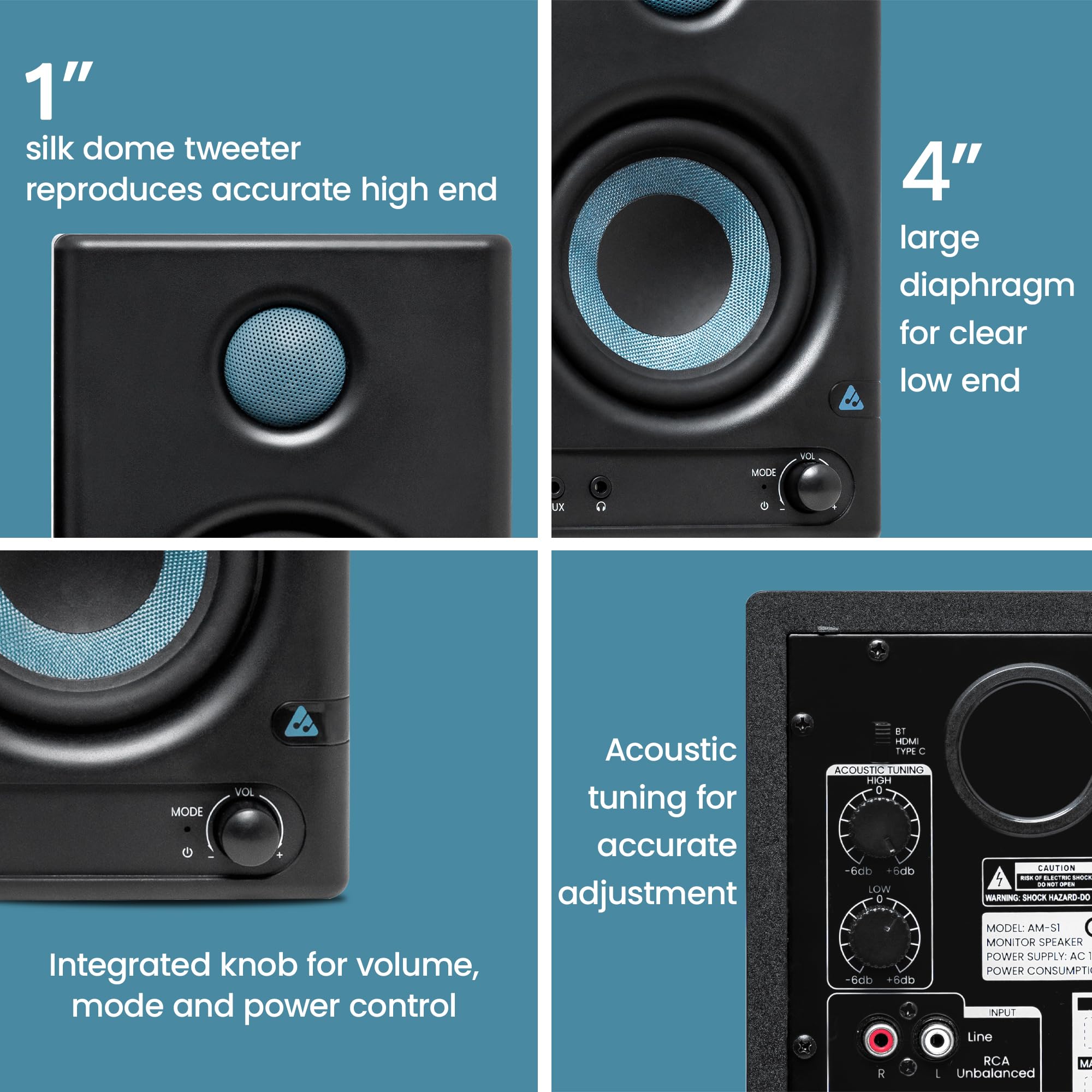 Audio Array AM-S1 BT v5.3 |Professional 4" Studio Monitor Speaker Pair| 60W Class D Amplification,Woven Composite Woofer,1" Silk-Dome Tweeter,EQ Controls|Music/Monitor Mode, Aux, HDMI, USB C, TRS, RCA - Image 8 thumbnail