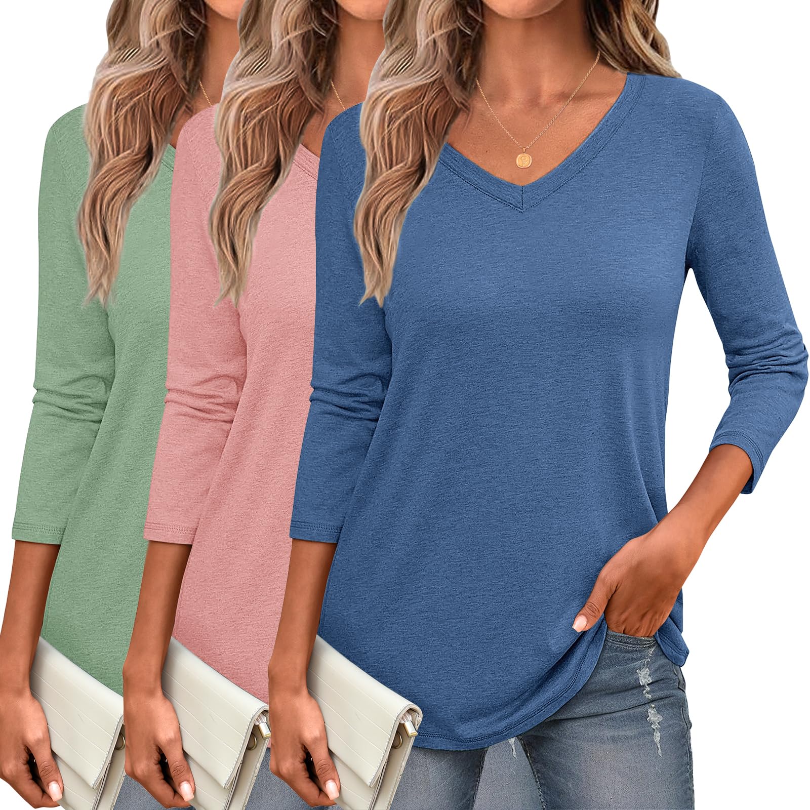 Zeagoo 3 Pack Women Shirts 3/4 Sleeve Casual Loose Fit V Neck Basic Tee Tops Summer Fall Outfit Clothes 2025
